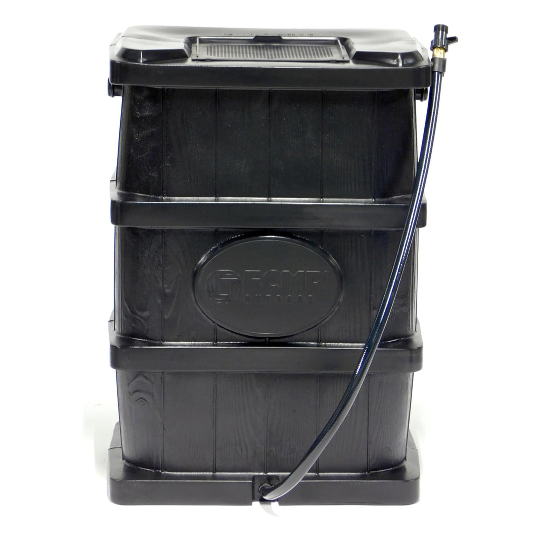FCMP Outdoor Wood Grain Rain Water Catcher Barrel with Flat Back Design, Black - VMInnovations