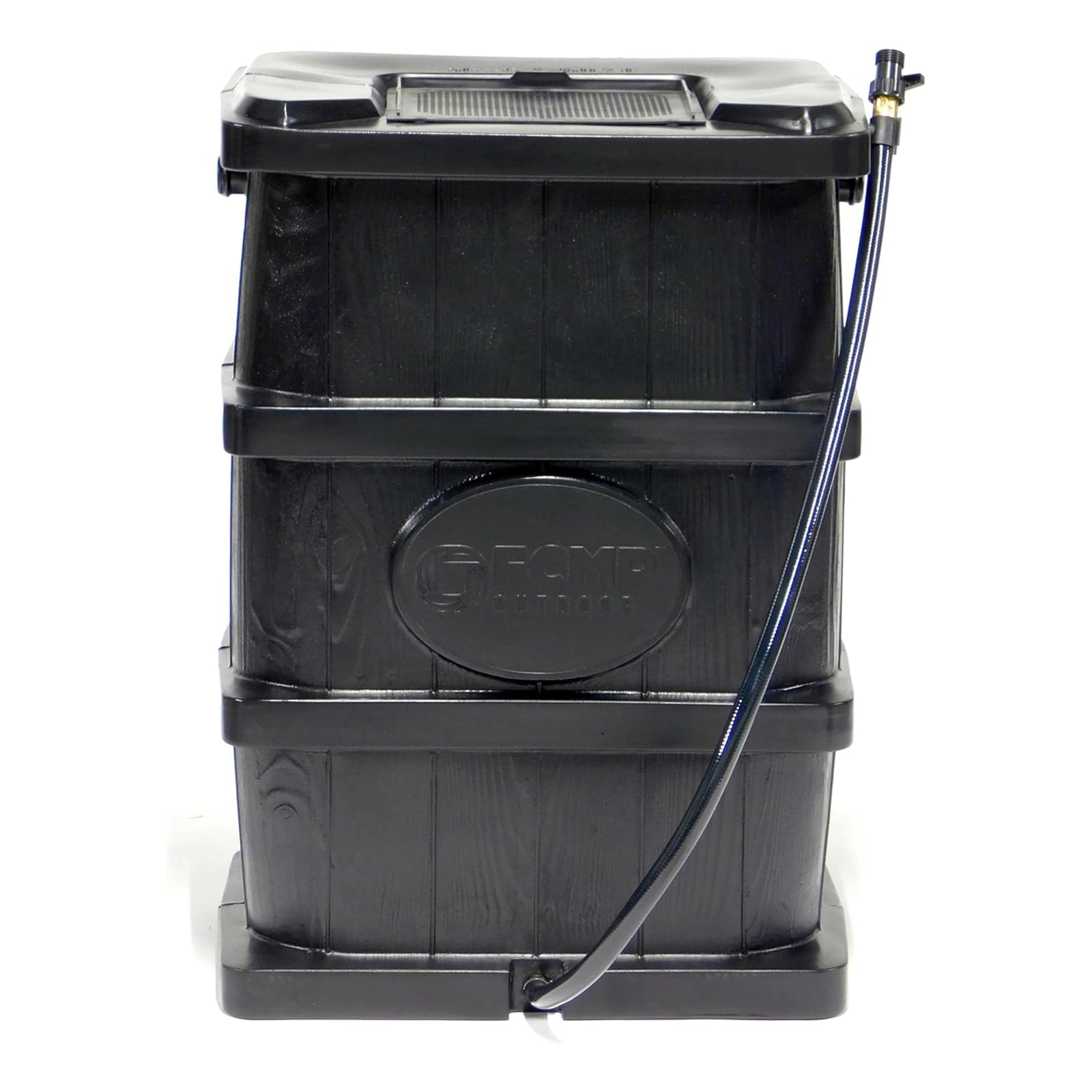 FCMP Outdoor Wood Grain Rain Water Catcher Barrel with Flat Back Design, Black - VMInnovations