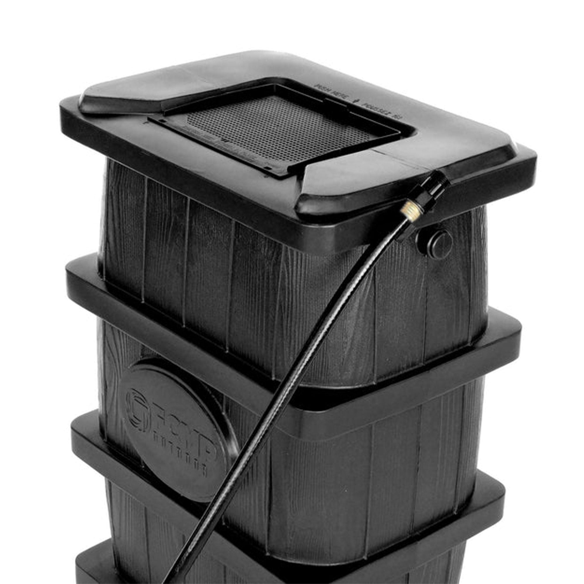 FCMP Outdoor Wood Grain Rain Water Catcher Barrel with Flat Back Design, Black - VMInnovations