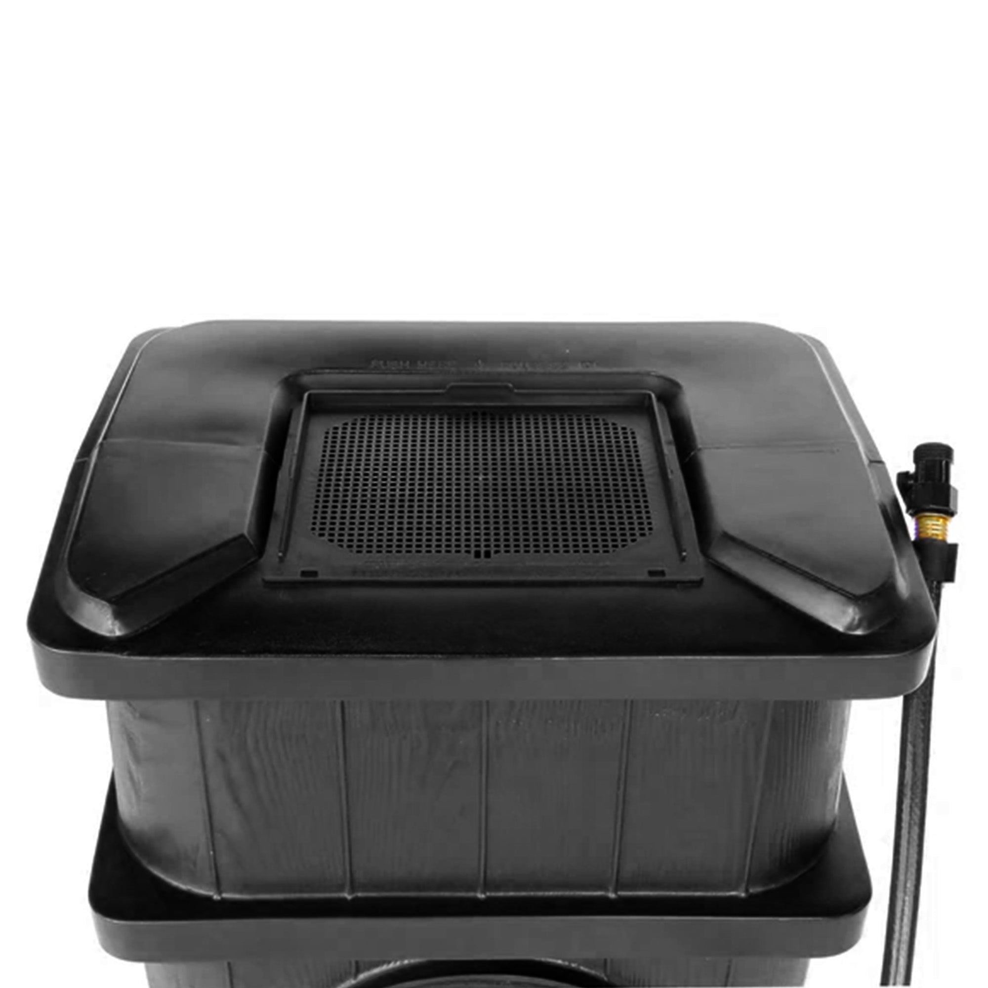 FCMP Outdoor Wood Grain Rain Water Catcher Barrel with Flat Back Design, Black - VMInnovations