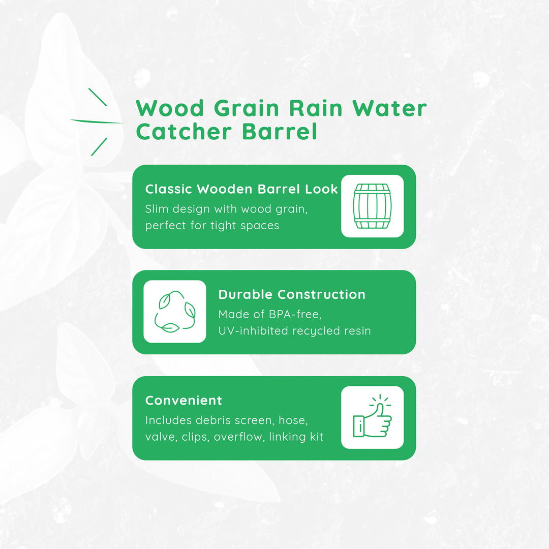 FCMP Outdoor Wood Grain Rain Water Catcher Barrel with Flat Back Design, Black - VMInnovations