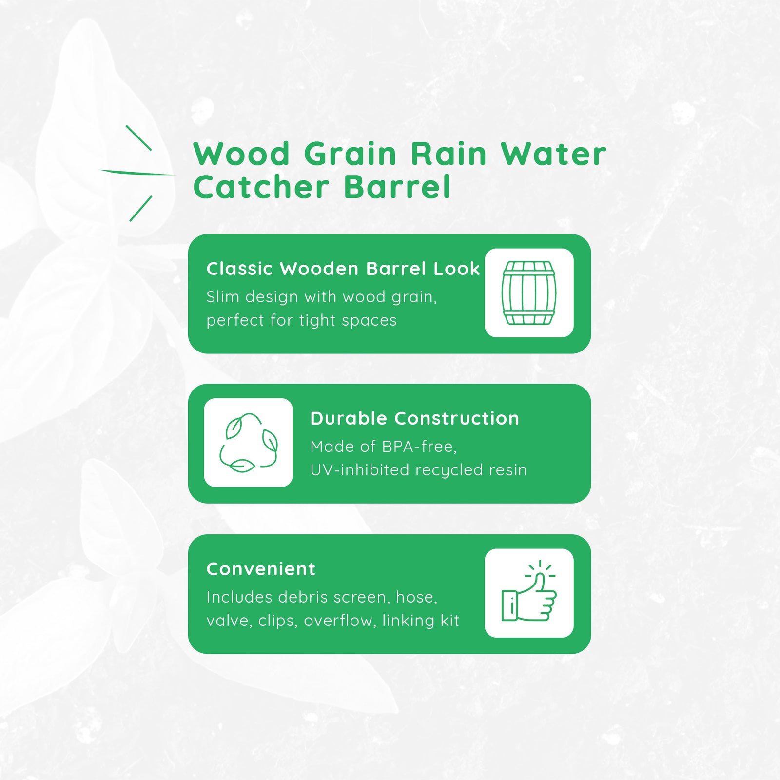 FCMP Outdoor Wood Grain Rain Water Catcher Barrel with Flat Back Design, Black - VMInnovations