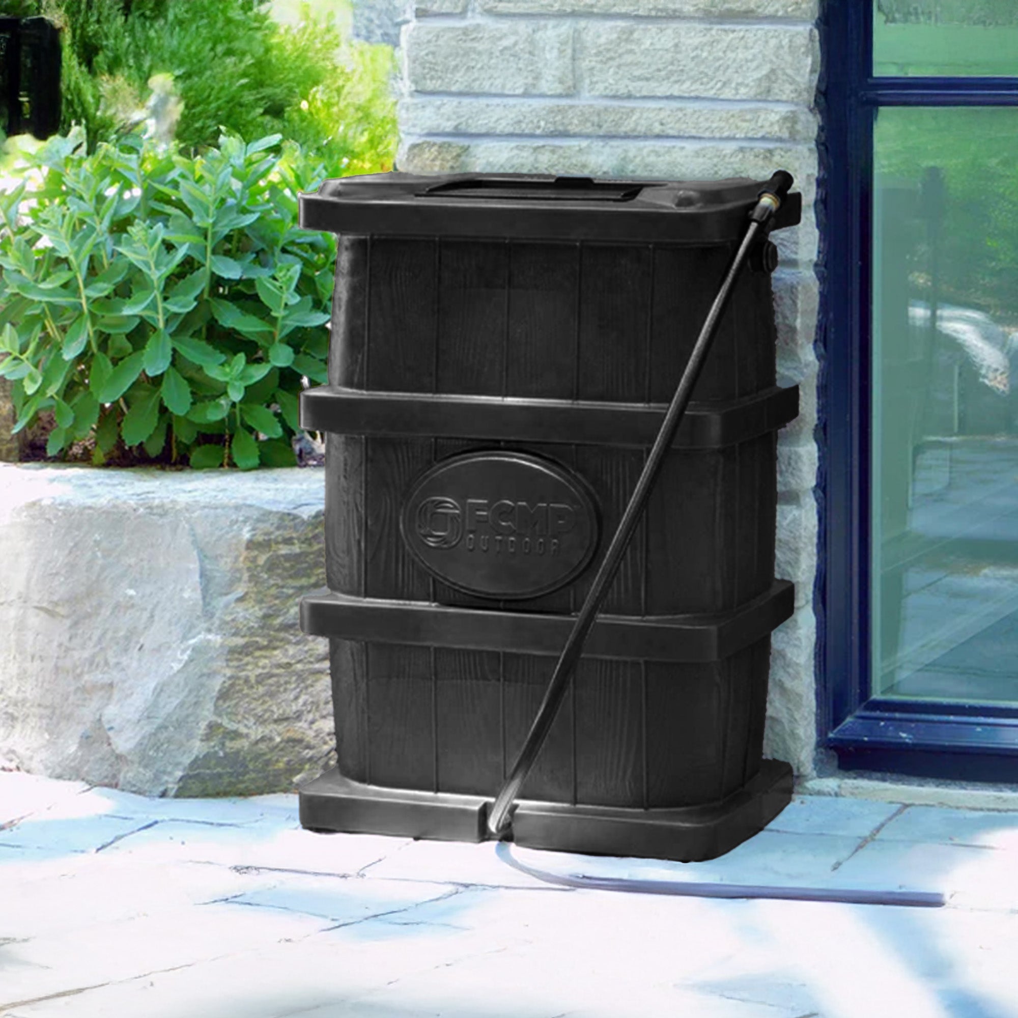 FCMP Outdoor Wood Grain Rain Water Catcher Barrel with Flat Back Design, Black - VMInnovations