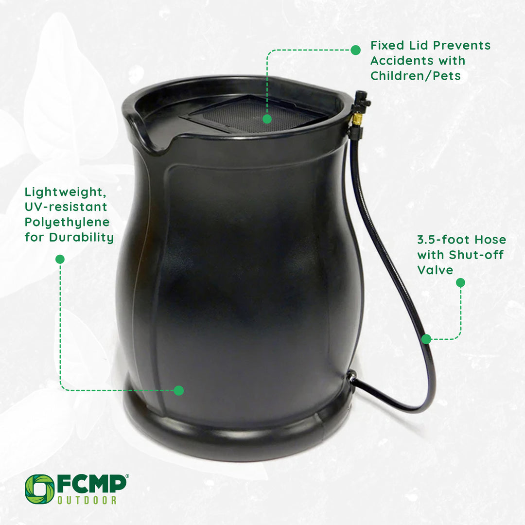 FCMP Outdoor Catalina 45 Gallon Water Catcher Rain Barrel w/ Flat Back, Black - VMInnovations