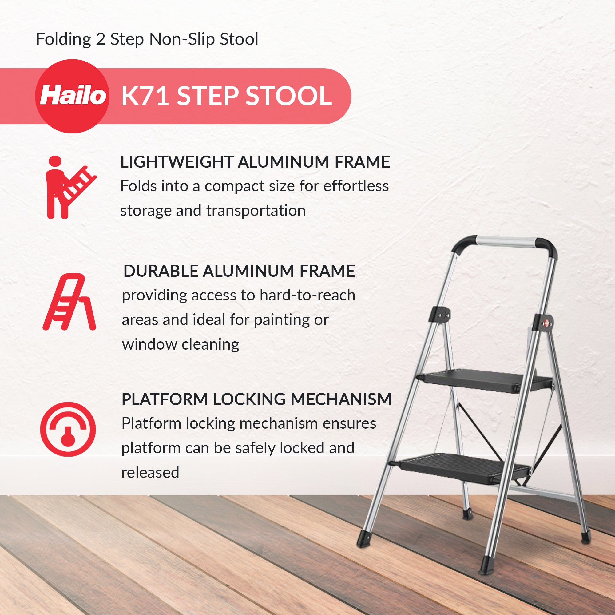 Hailo Folding 2 Step Non-Slip Stool for Home and Kitchen, K71, Silver/Black - VMInnovations