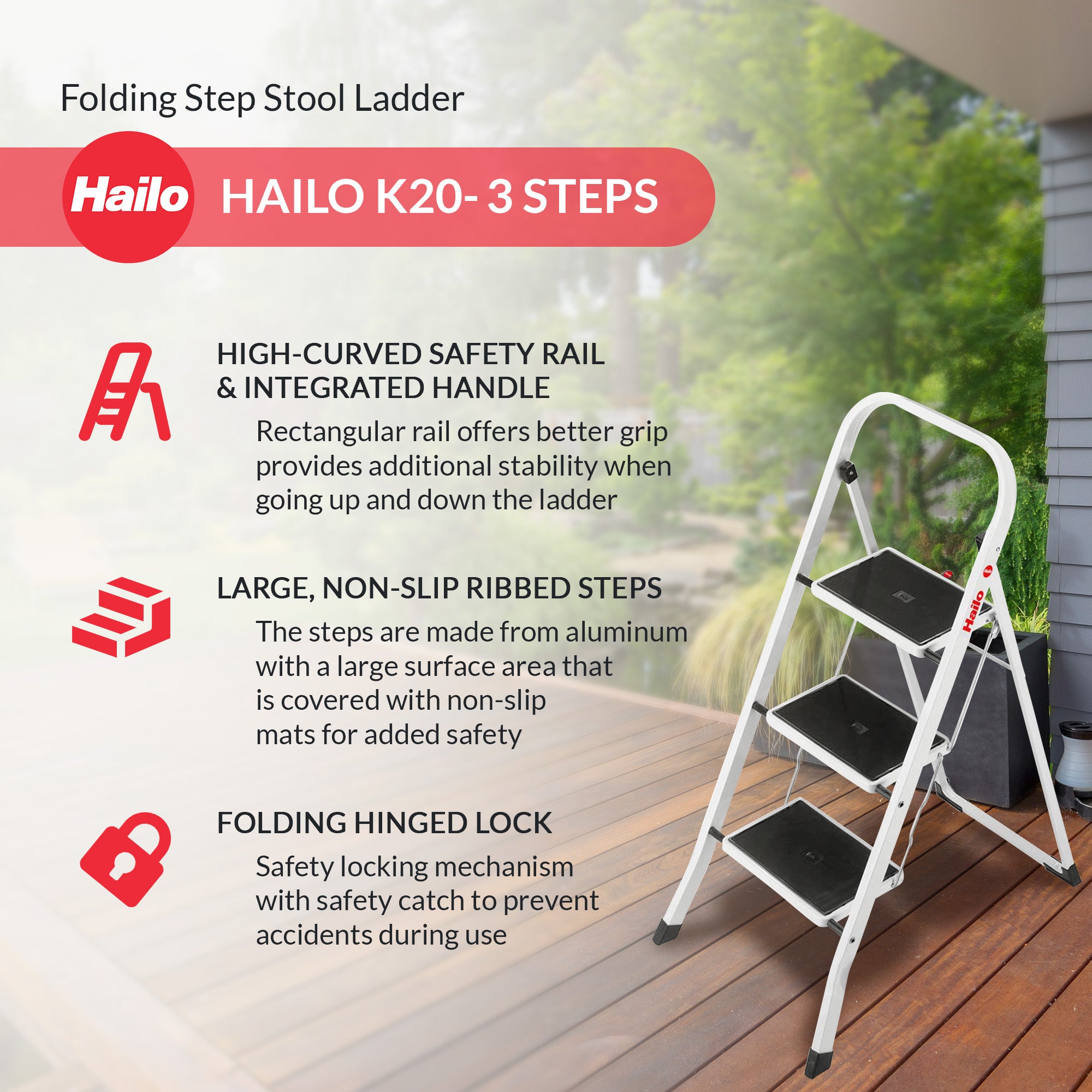 Hailo K20 3-Step Folding Ladder with Sturdy Steel Frame, 330 lb Capacity, Silver - VMInnovations