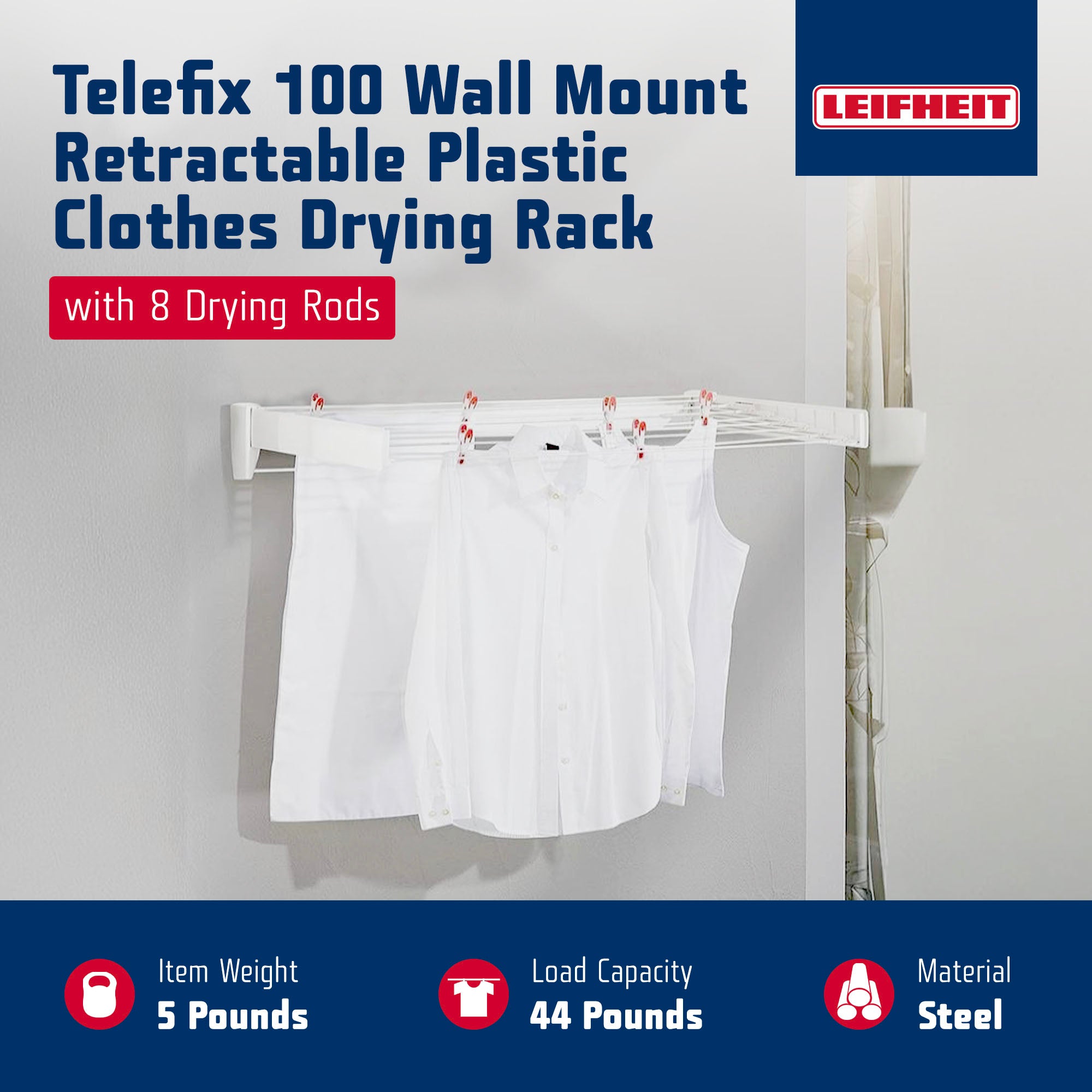 Leifheit Telefix 100 Wall-Mounted Retractable Drying Rack with 8 Rods (Open Box) - VMInnovations