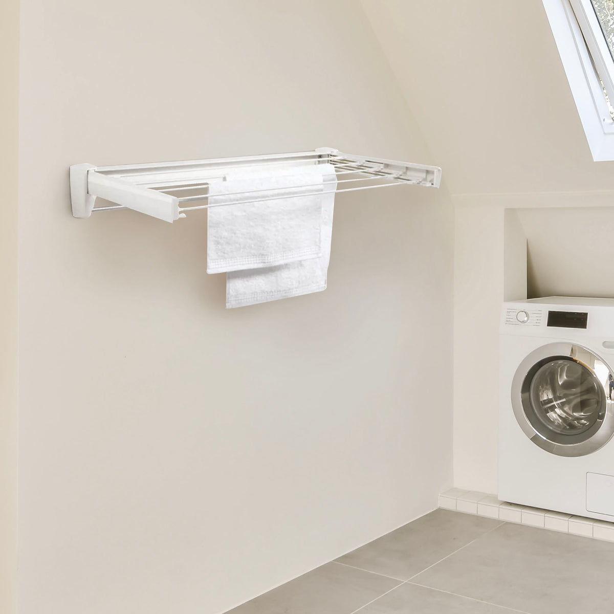 Leifheit Wall Mounted Drying Rack w/5 Rods & Foldable Design, White (Open Box)
