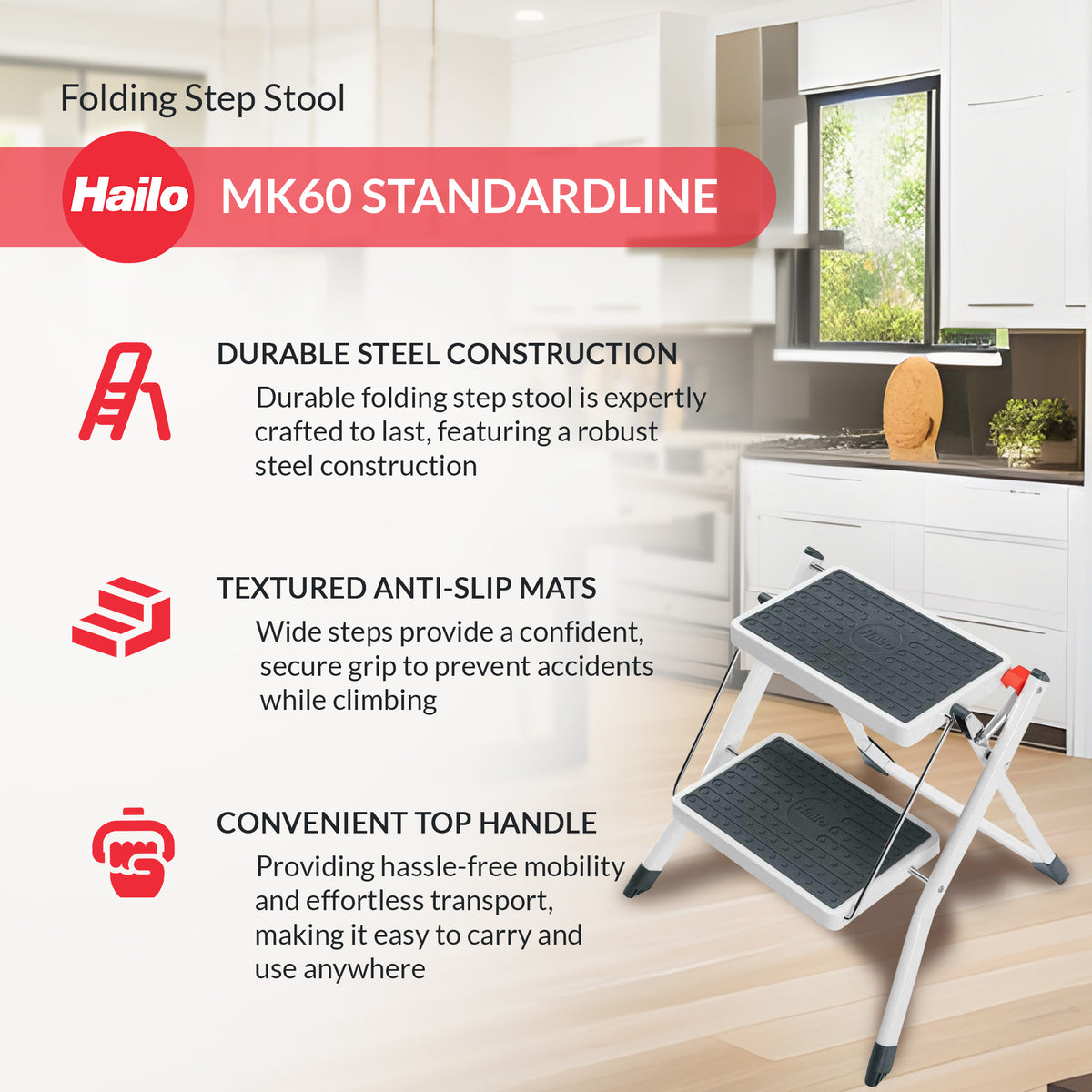 Hailo Steel Step Stool w/Anti-Slip Stairs & 330 lbs Capacity, White (Open Box) - VMInnovations