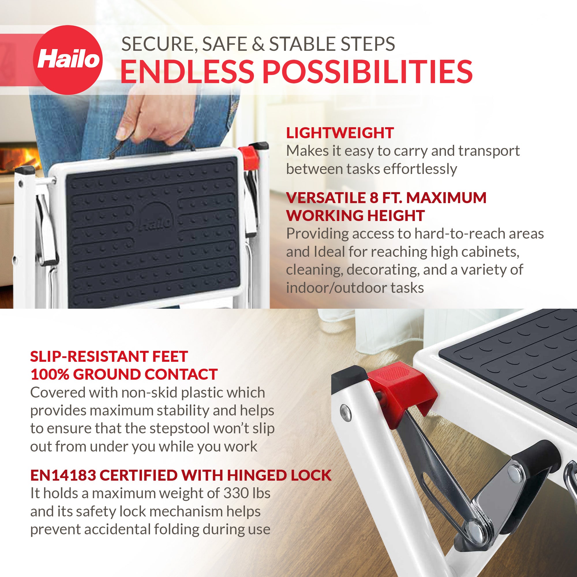Hailo Steel Step Stool w/Anti-Slip Stairs & 330 lbs Capacity, White (Open Box)
