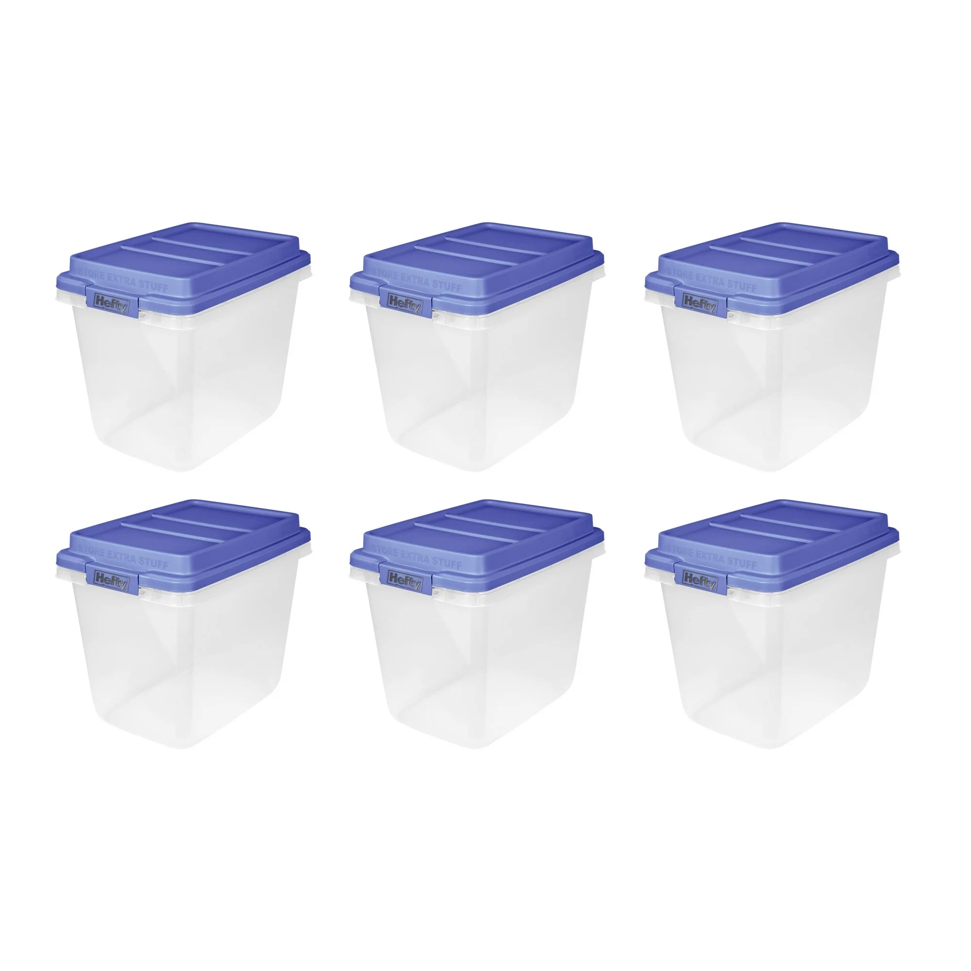 Hefty 6 Pack 32 Quart Hi-Rise Stackable Plastic Storage Bin with Lid, Clear/Blue - VMInnovations