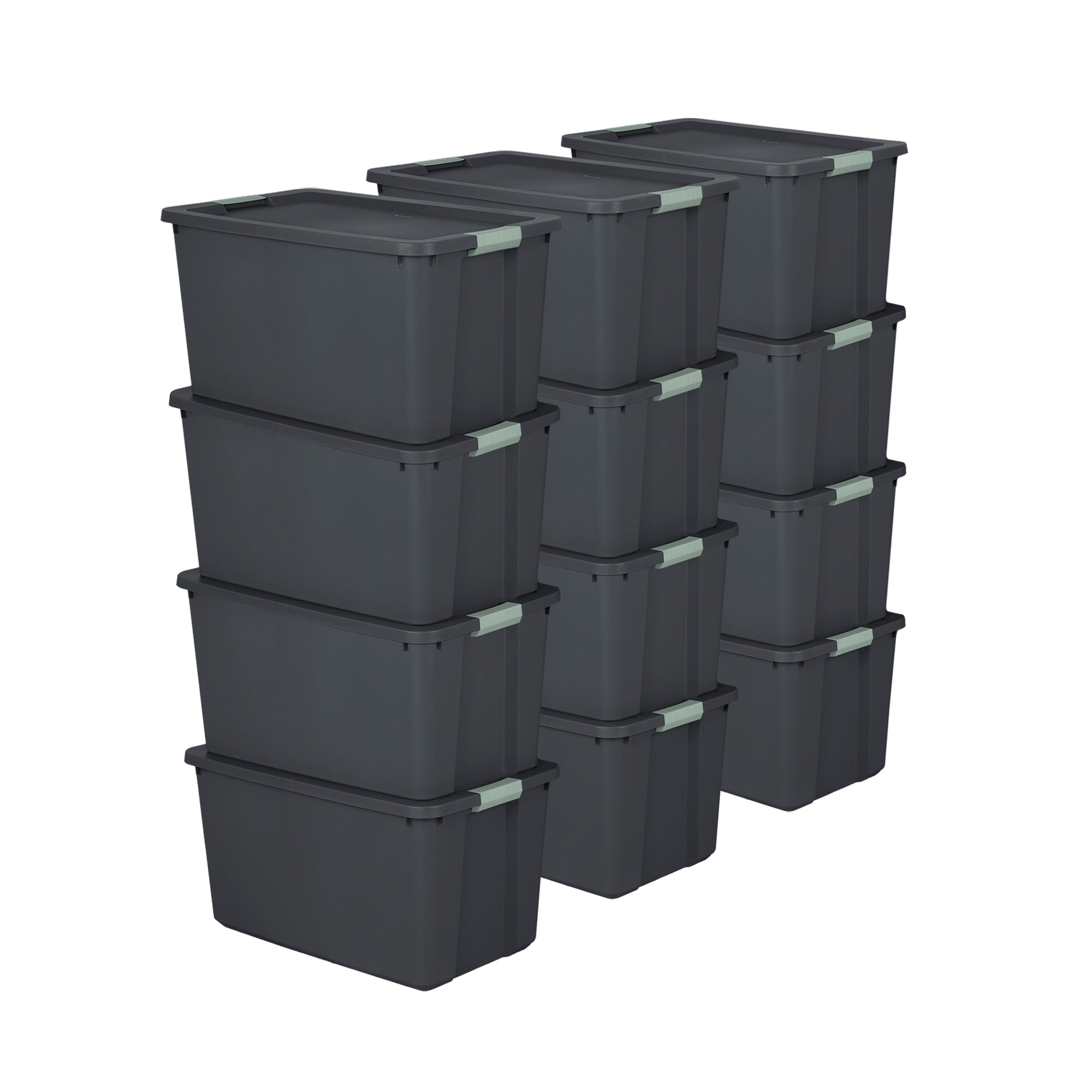 Sterilite 12 Pack 34 Gal Latch Tote, Stackable Plastic Storage Bin, Gray/Green - VMInnovations