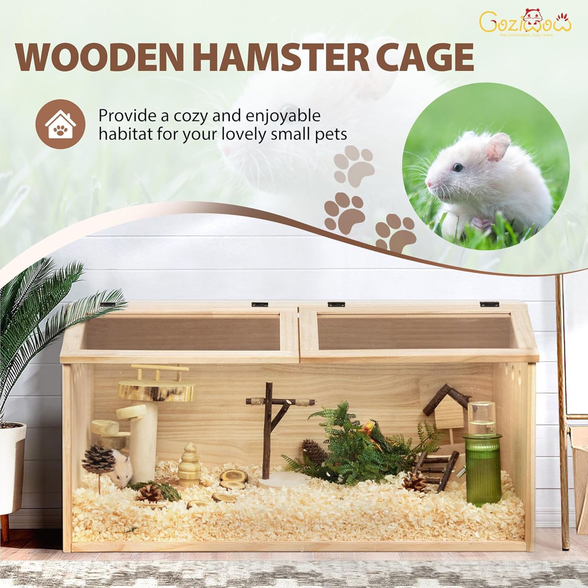 COZIWOW Large Wooden Hamster Cage Small Pet Habitat with Lid and Window, Woody