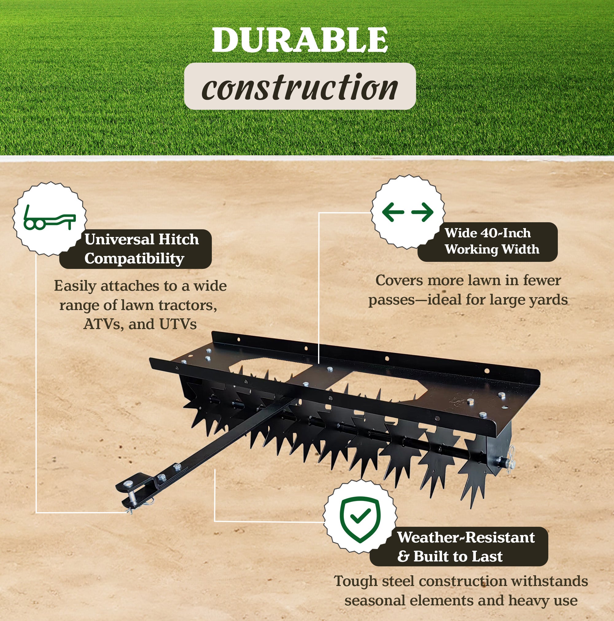Yard Tuff Spike Lawn Aerator, Pin-Style Hitch for Mowers and ATVs, 40 Inch Wide