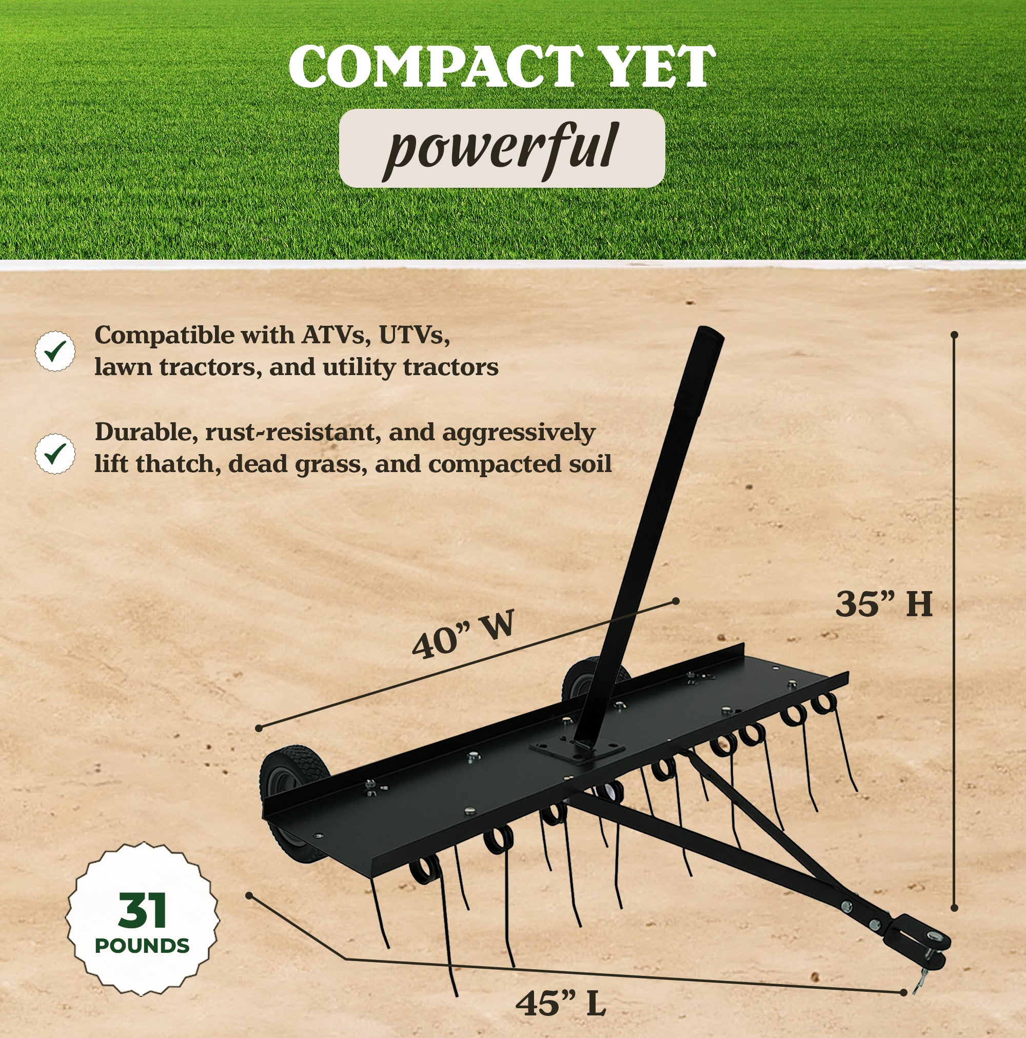 Yard Tuff Tine Dethatcher, 40 Inch Pull Behind Thatcher for Lawn Mower and ATVs - VMInnovations