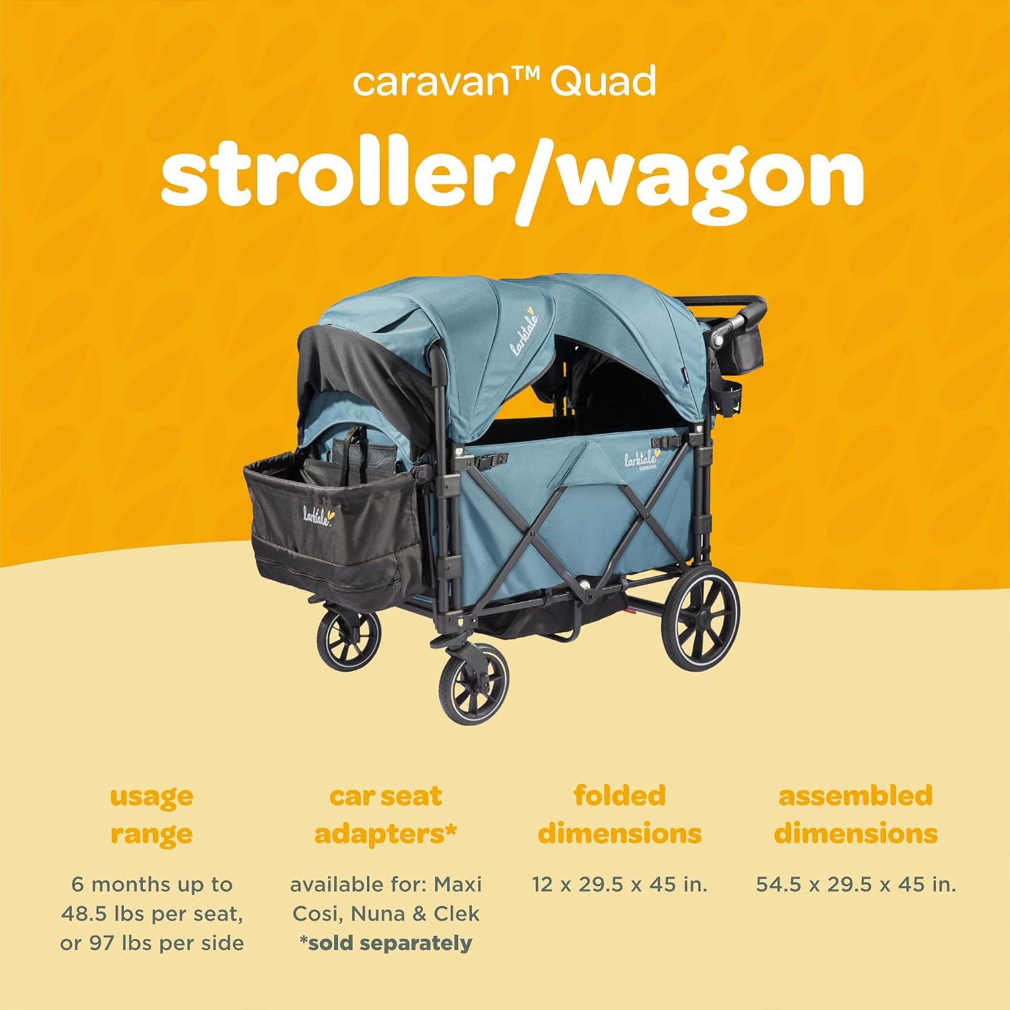 Larktale Caravan Quad Stroller, 4-Seater Wagon, 214 lb Capacity, Blue (Open Box) - VMInnovations