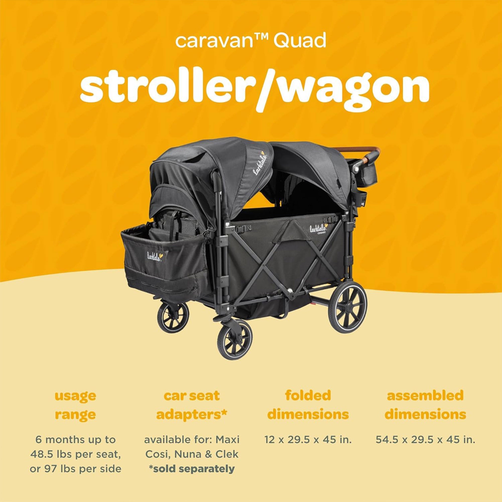 Larktale Caravan Quad Stroller,4-Seater Wagon, 214 lb Capacity, Black(Open Box) - VMInnovations