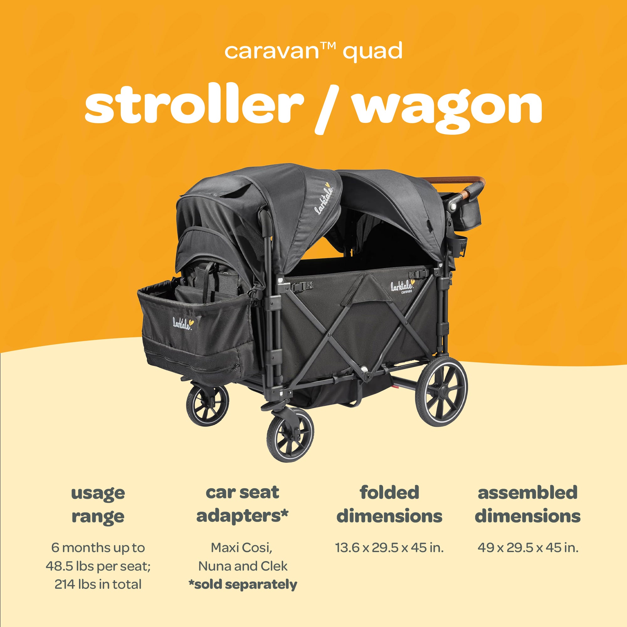 Larktale Caravan Quad Stroller, 4-Seater Wagon, 214 lb Capacity, Byron Black - VMInnovations