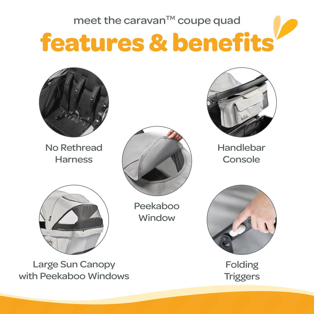 Larktale Caravan Coupe Quad Compact Stroller Reclining 4-Seat Wagon, Gray/Black - VMInnovations