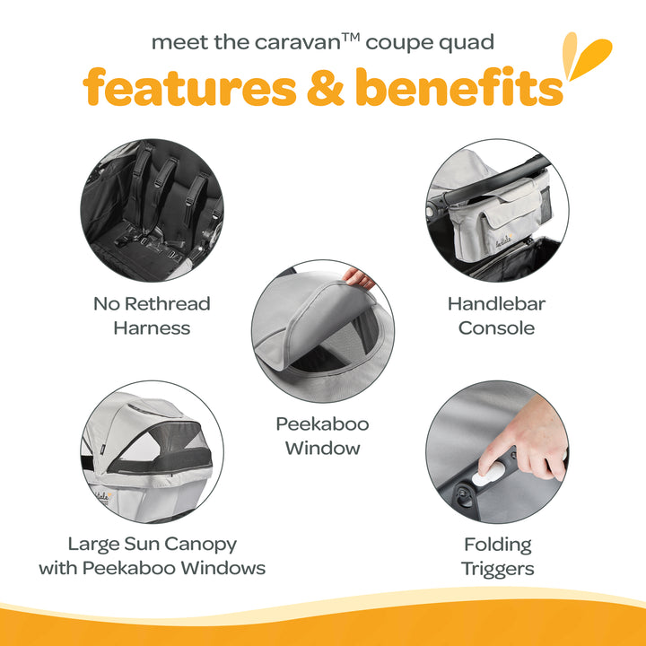 Larktale Caravan Coupe Quad Compact Stroller Reclining 4-Seat Wagon, Gray/Black - VMInnovations