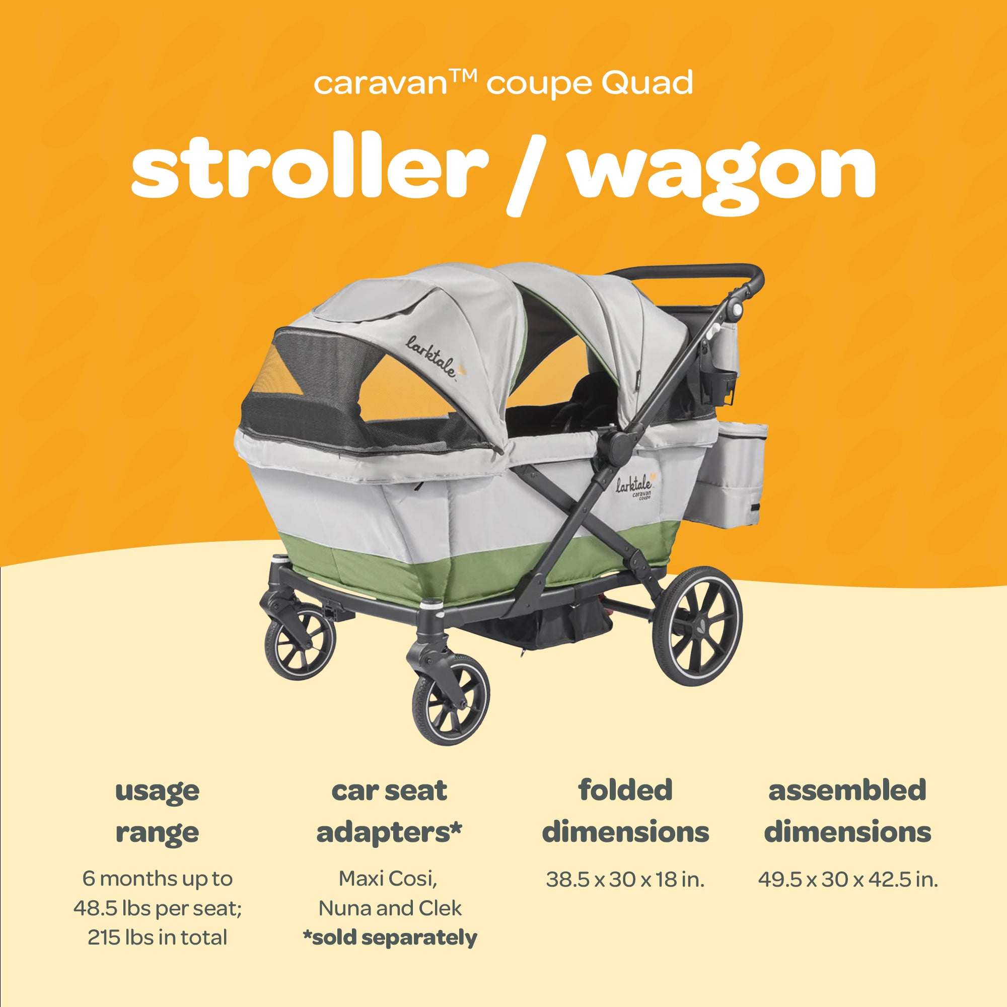 Larktale Coupe Quad Compact Stroller Reclining 4-Seat Wagon, Gray/Green (Used) - VMInnovations