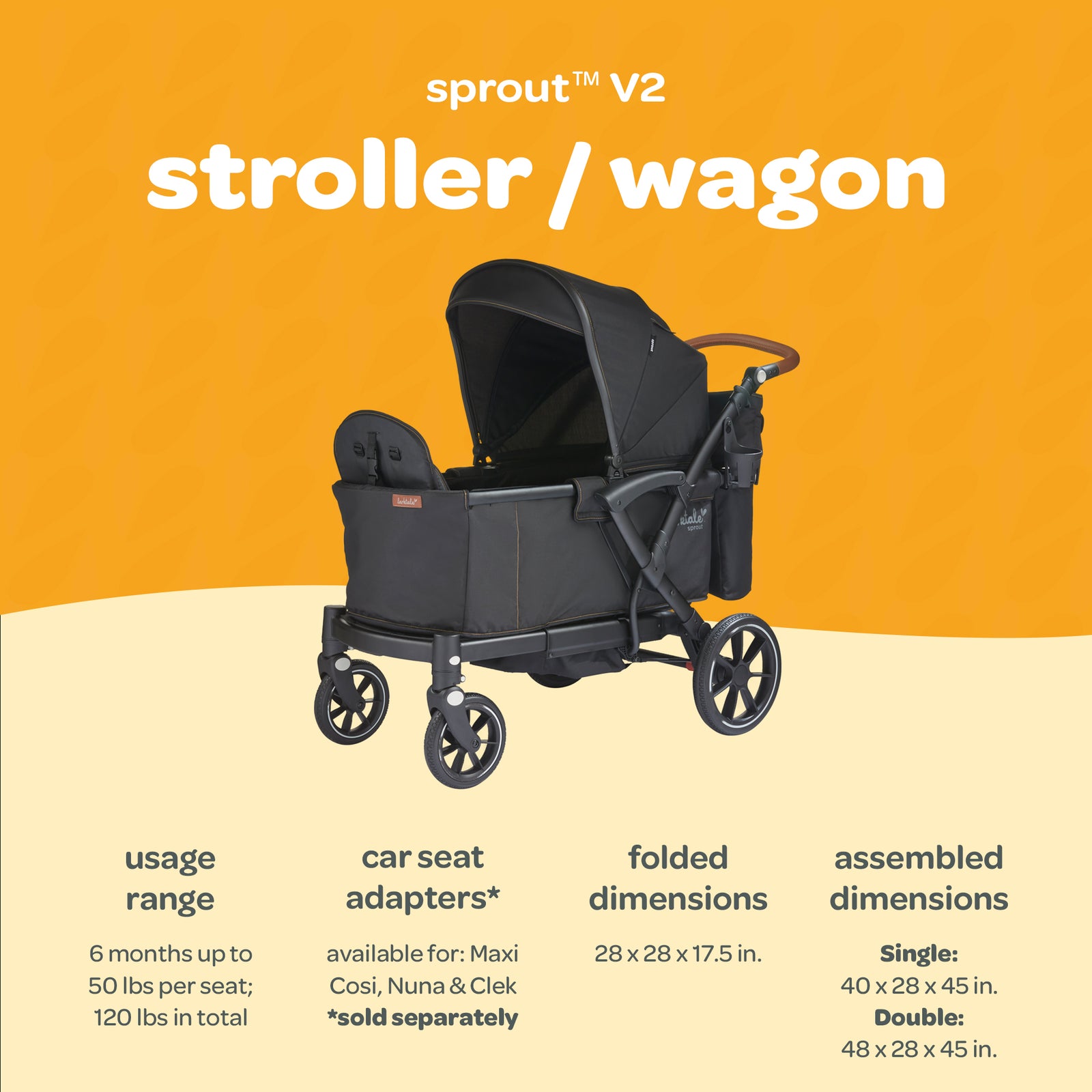 Larktale Sprout V2 Adjustable Stroller 2 Seater Wagon, 120 lb Capacity, Black - VMInnovations