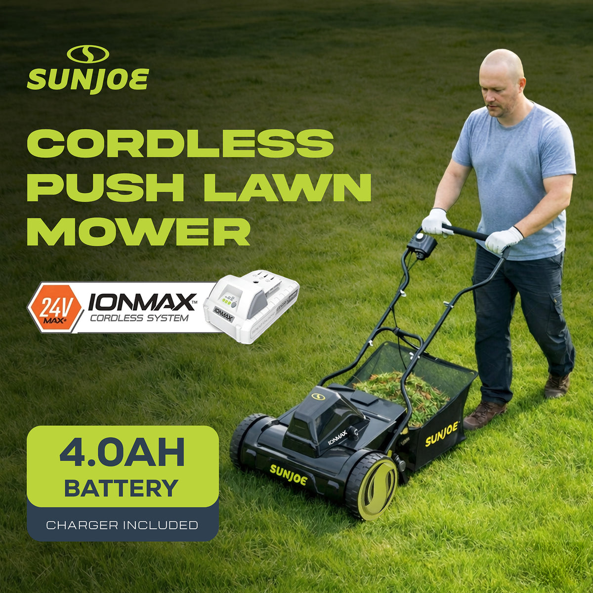 Sun Joe Cordless Push Reel Mower, 15” Yard Trimmer w/ Collection Bag, 24V-CRLM15