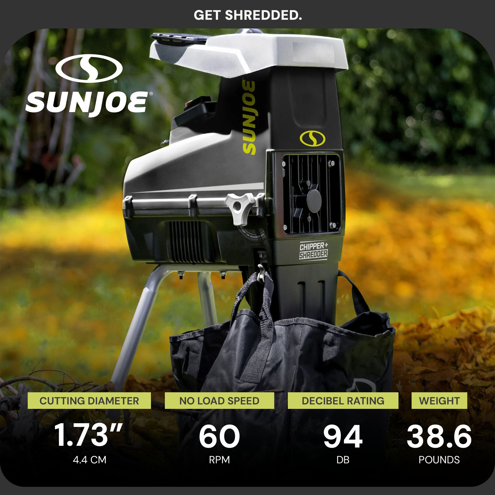 Sun Joe Silent Wood Chipper Shredder, 15Amp Machine with 1.7" Diameter(Open Box) - VMInnovations
