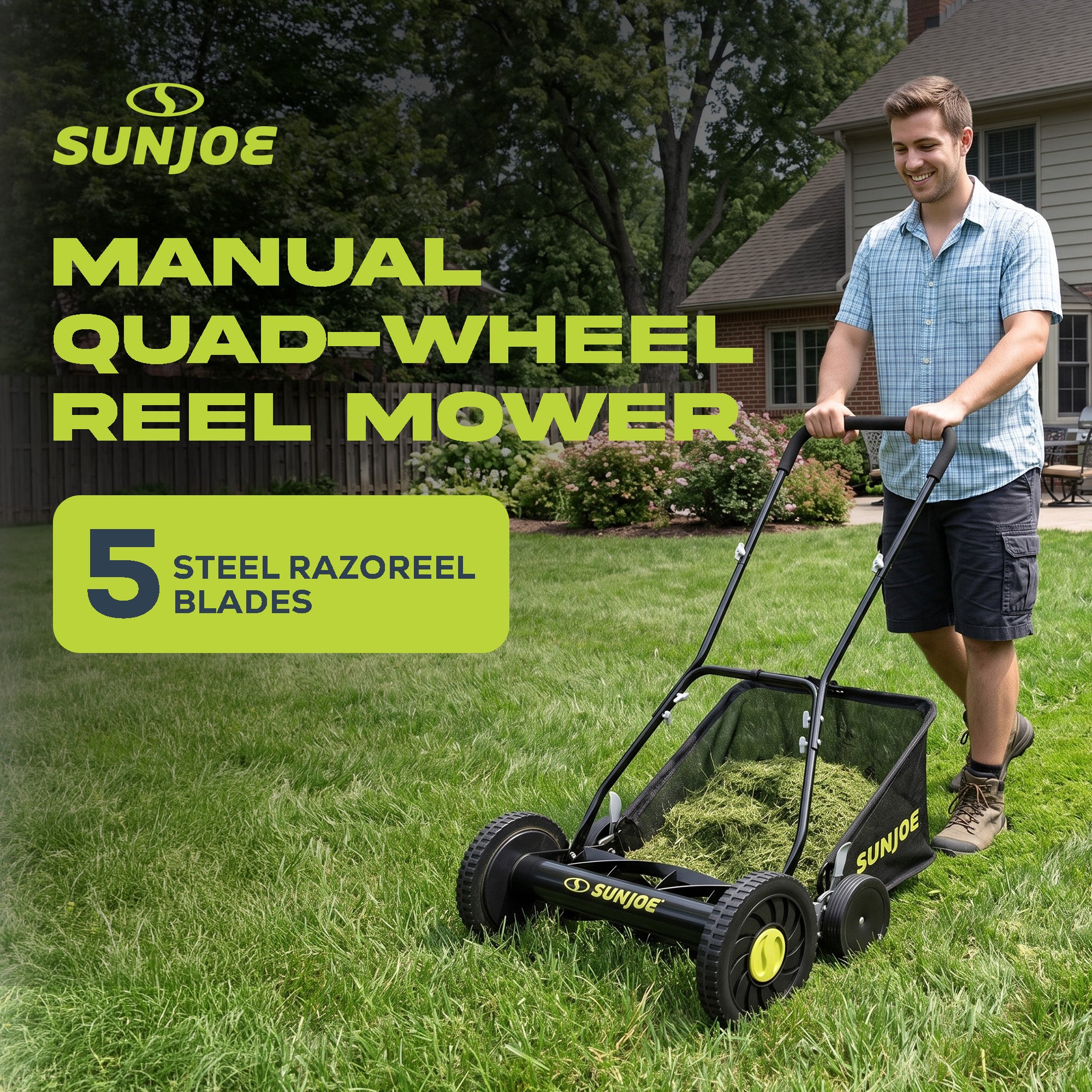 Sun Joe Manual Push Reel Lawn Mower, 20” Yard Trimmer with Grass Catcher, MJ502M