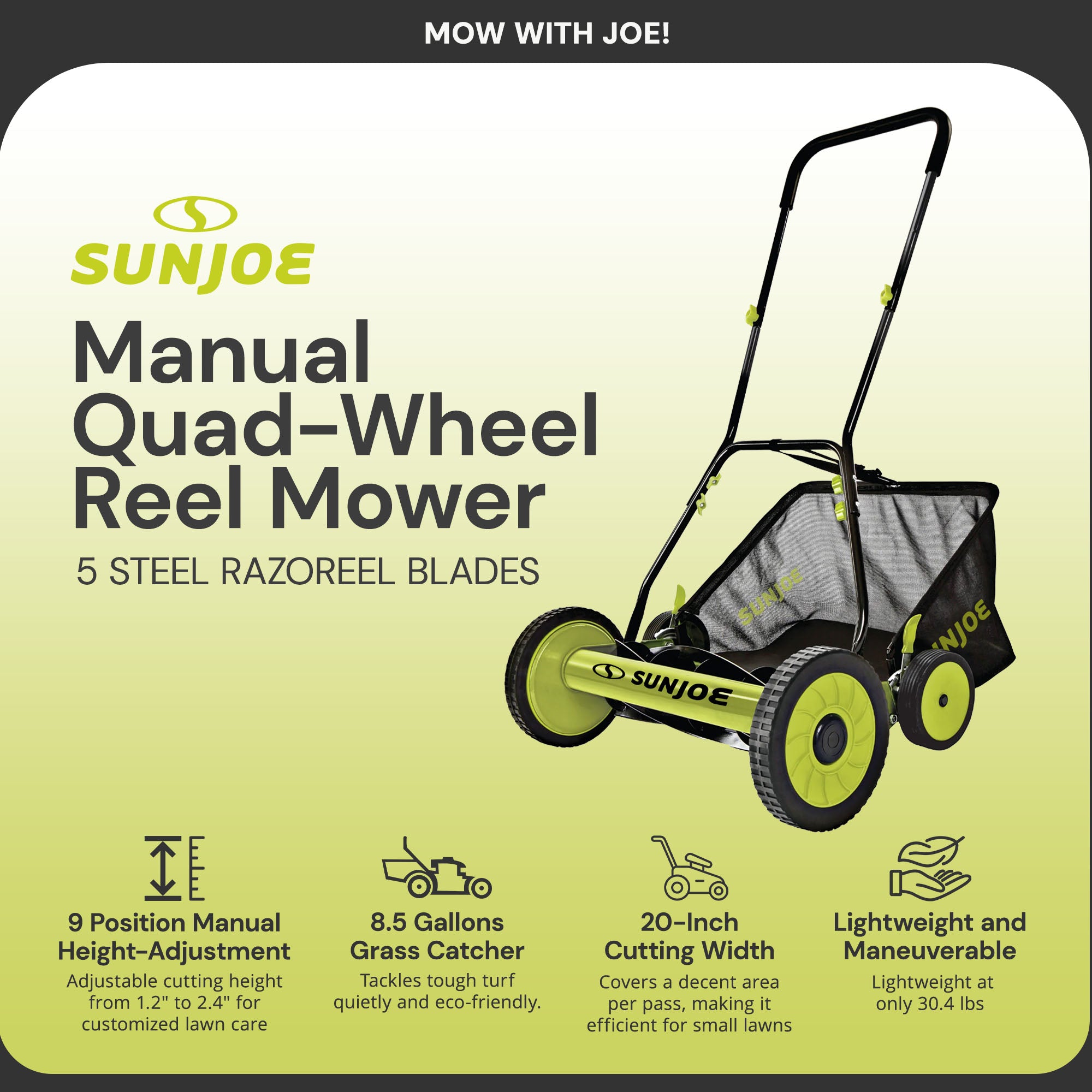 Sun Joe Push Reel Lawn Mower, 20” Yard Trimmer w/Grass Catcher, Green (Open Box)