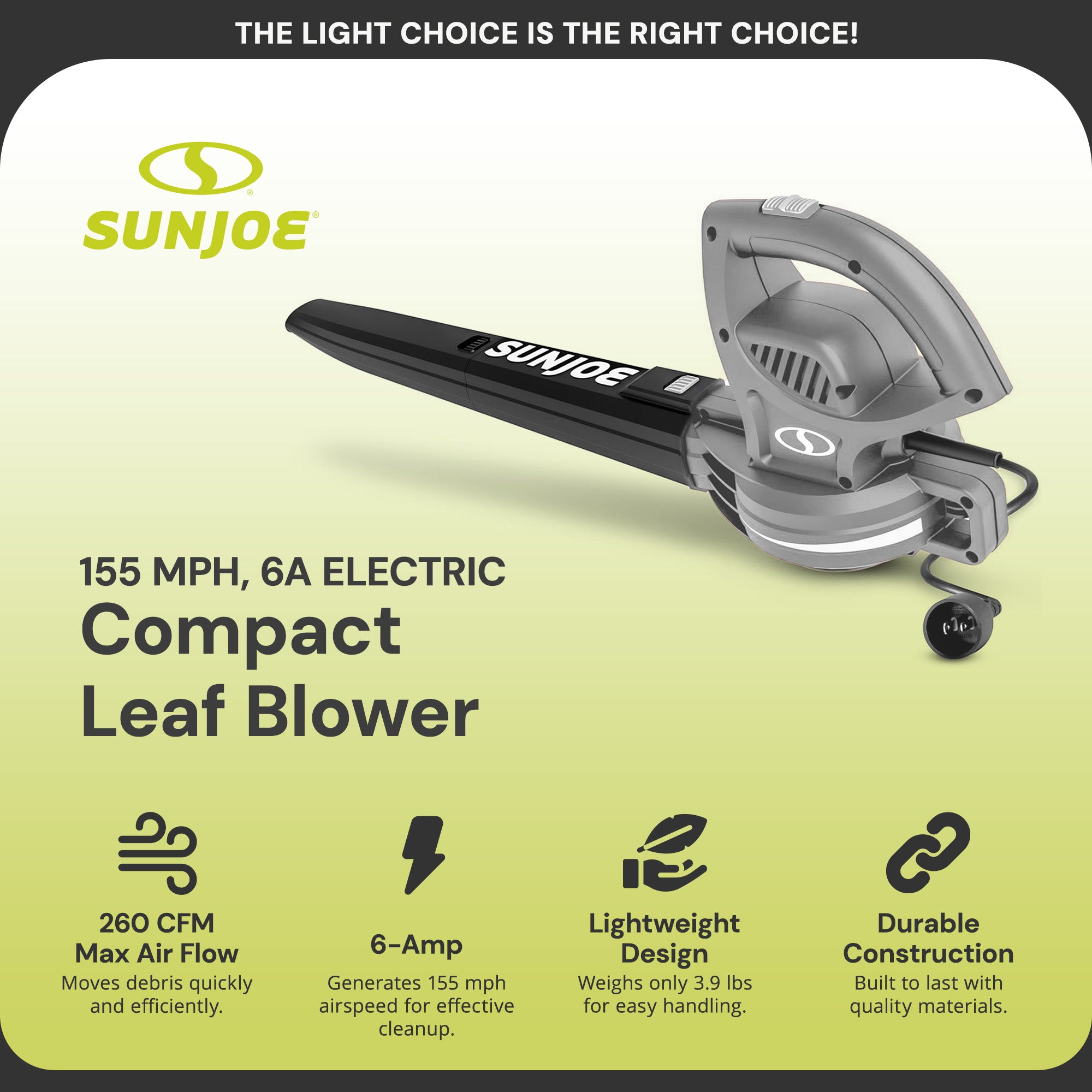 Sun Joe Electric All Purpose Leaf Blower, 6 Amp Motor, 155MPH Air Speed (Used)