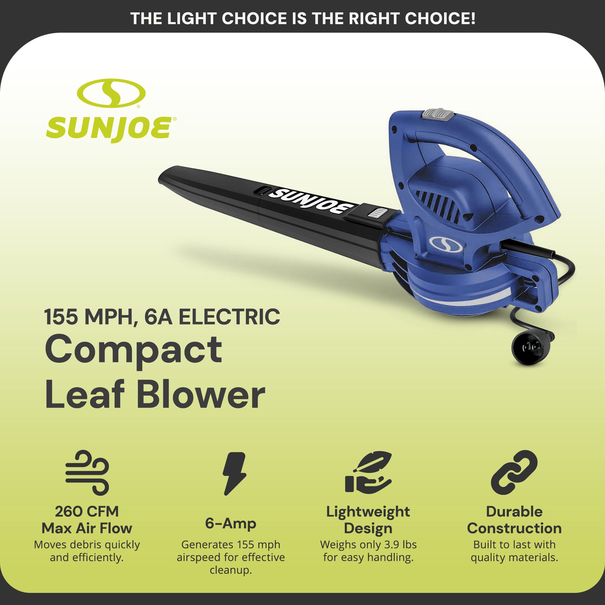 Sun Joe Electric All Purpose Leaf Blower, 6 Amp Motor, 155 MPH Speed, Blue(Used)