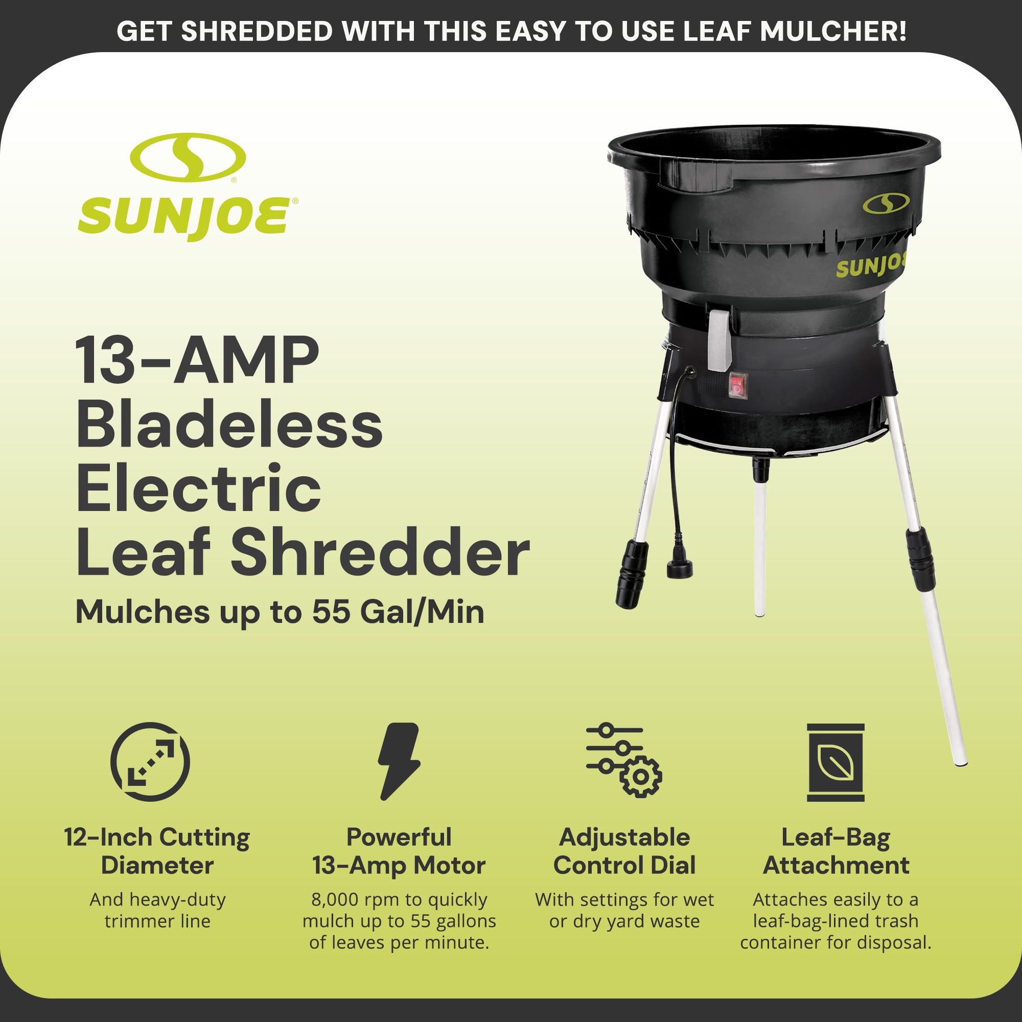 Sun Joe Electric Leaf Mulcher/Shredder 13 Amp w/ Adjustable Control Dial, SDJ616