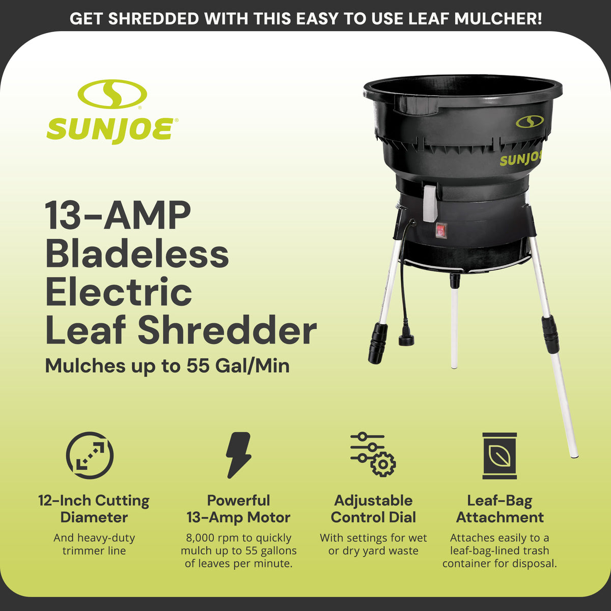 Sun Joe Electric Leaf Mulcher/Shredder 13 Amp w/ Adjustable Control Dial, SDJ616