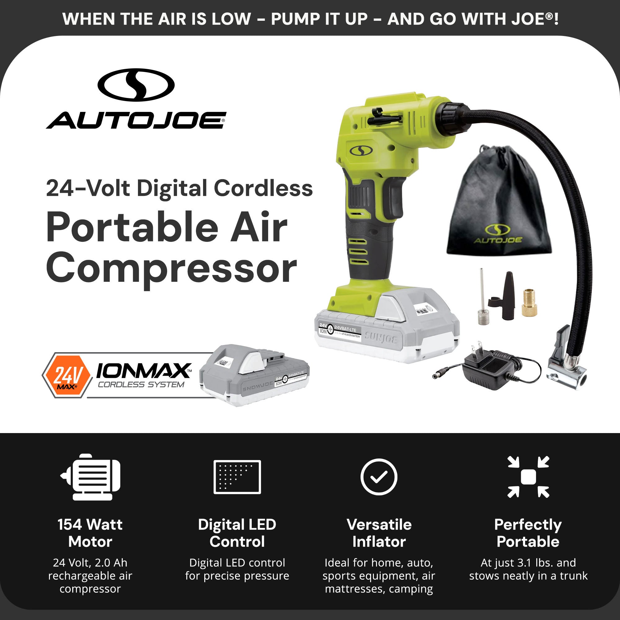 Sun Joe Auto Joe Portable Air Compressor Cordless Tire Inflate Pump, 24V-AJC-LTE