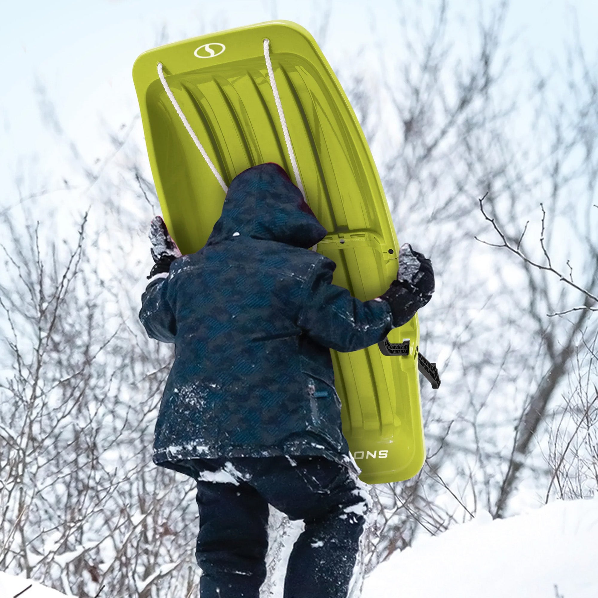 Snow Joe Snow Sled, 34” Toboggan Board w/Handles & Rope, Green (Open Box) - VMInnovations