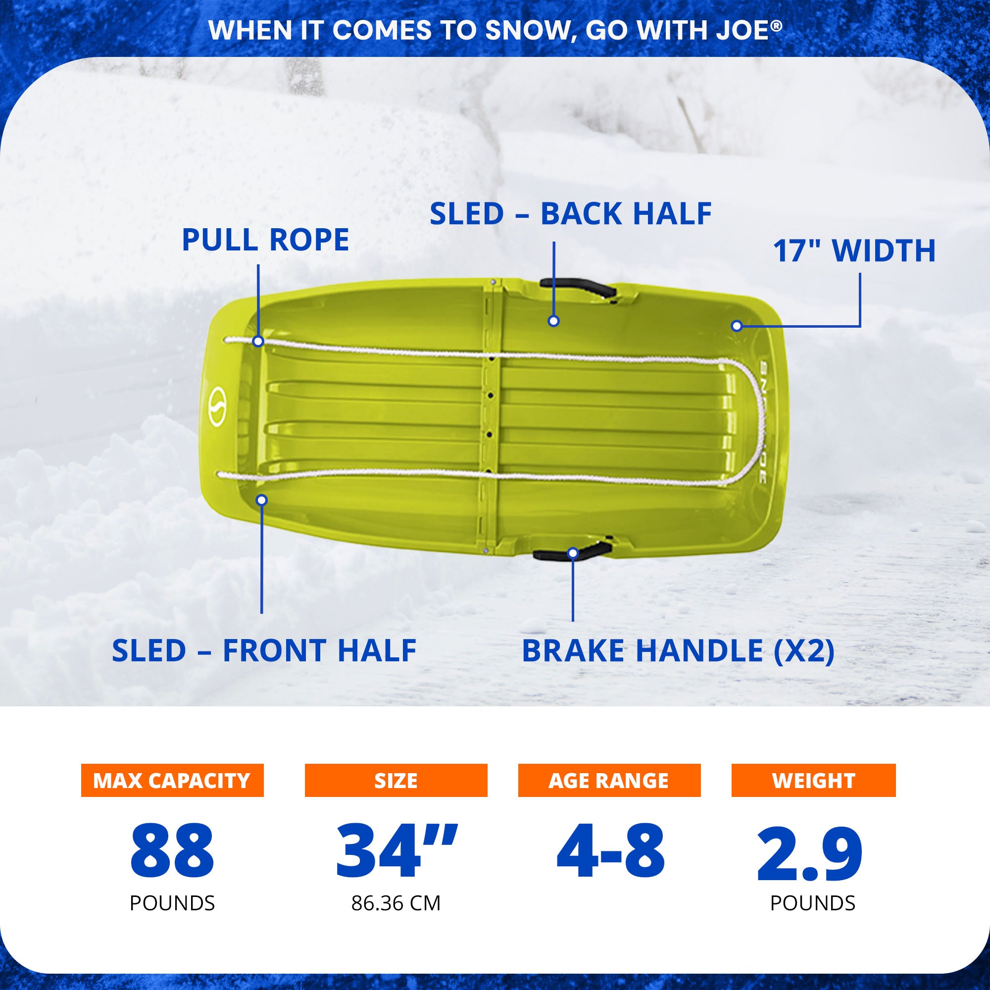 Snow Joe Snow Sled, 34” Toboggan Board w/Handles & Rope, Green (Open Box) - VMInnovations