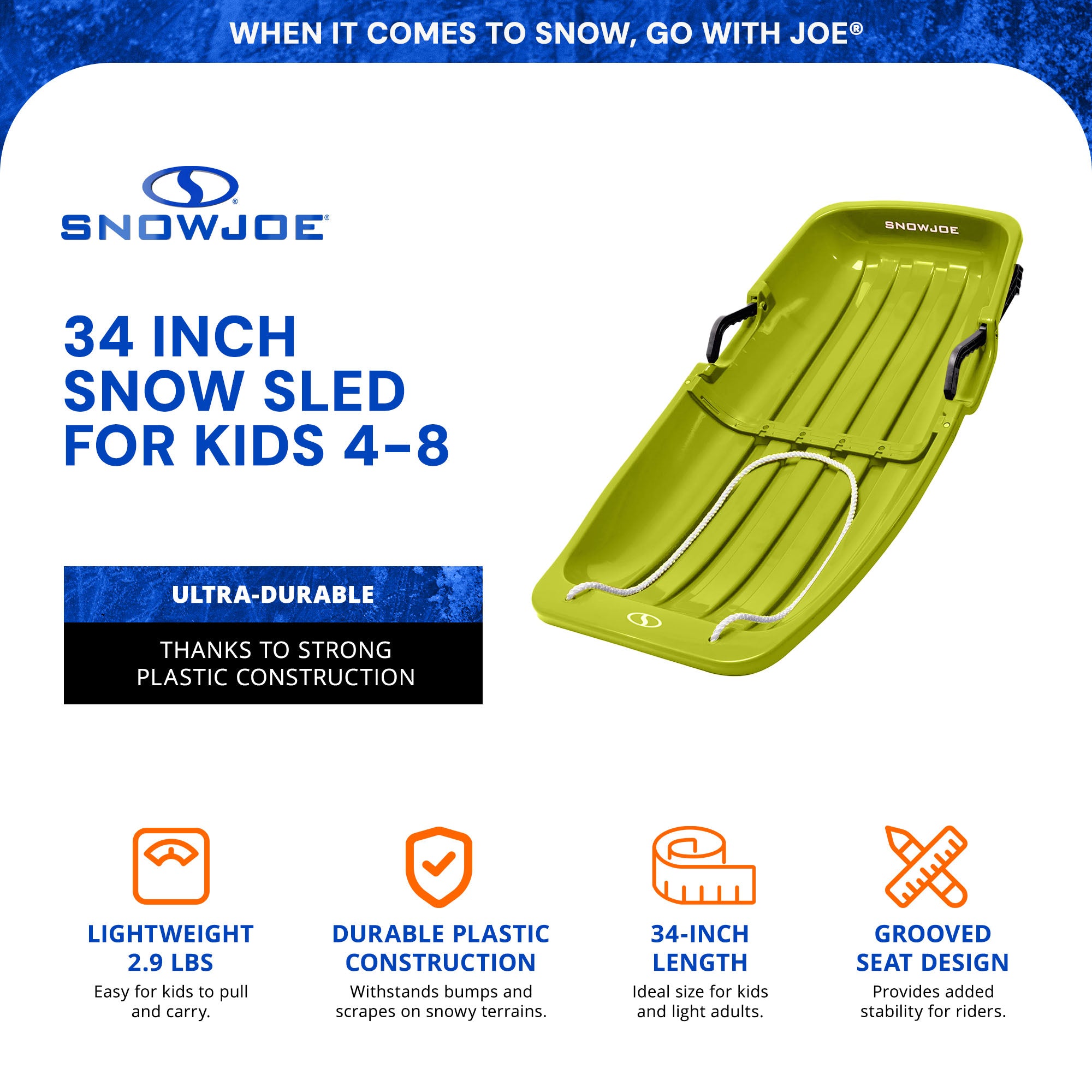 Snow Joe Snow Sled, 34” Toboggan Board w/Handles & Rope, Green (Open Box) - VMInnovations