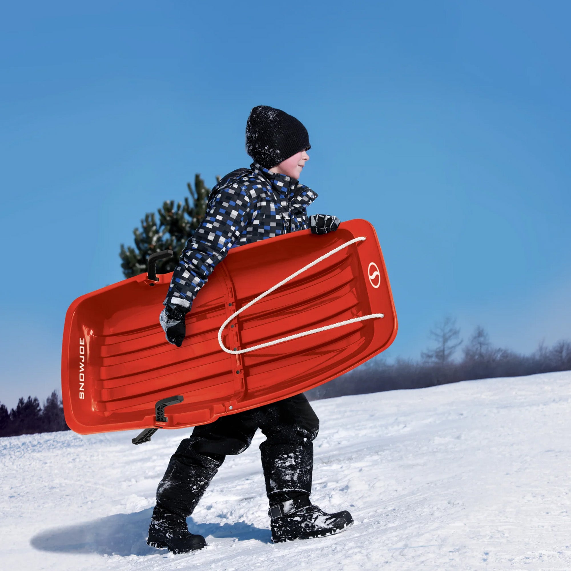 Snow Joe Plastic Snow Sled, 34” Sledding Toboggan Board w/ Handles, SJ-SLD34-RED - VMInnovations