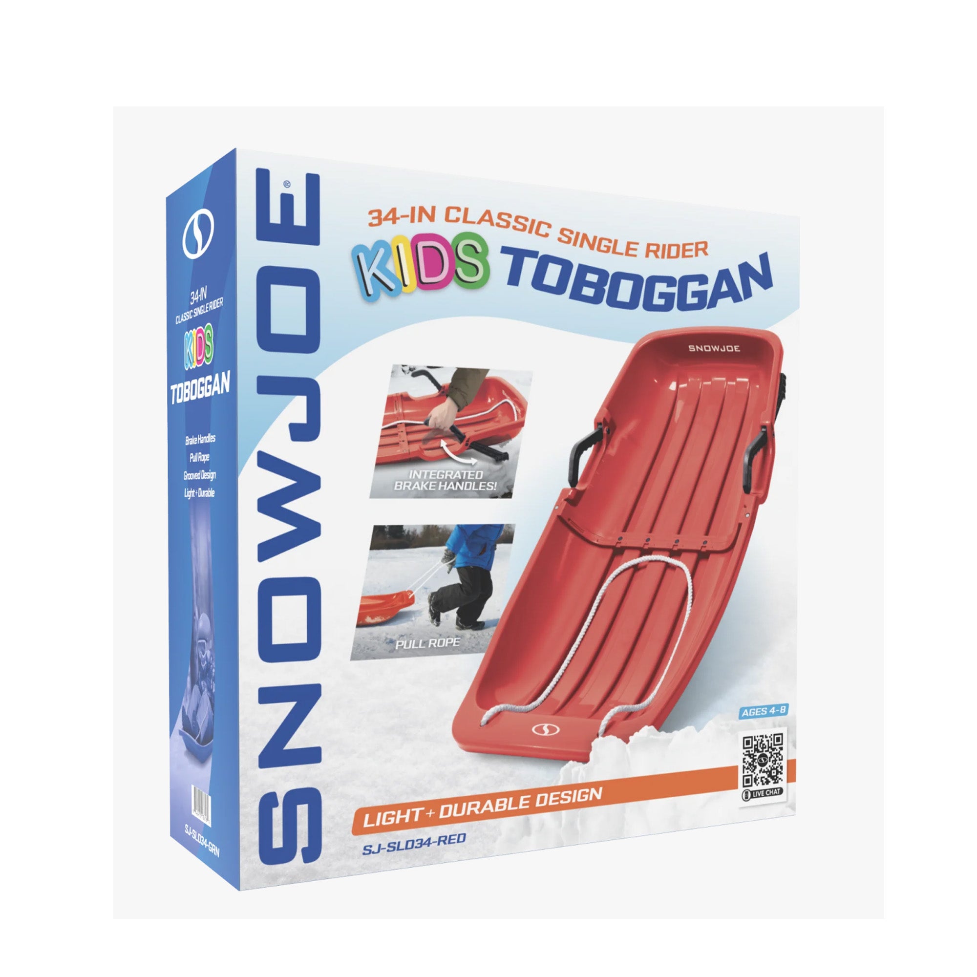 Snow Joe Plastic Snow Sled, 34” Toboggan Board w/ Handles & Rope, Red (Open Box) - VMInnovations