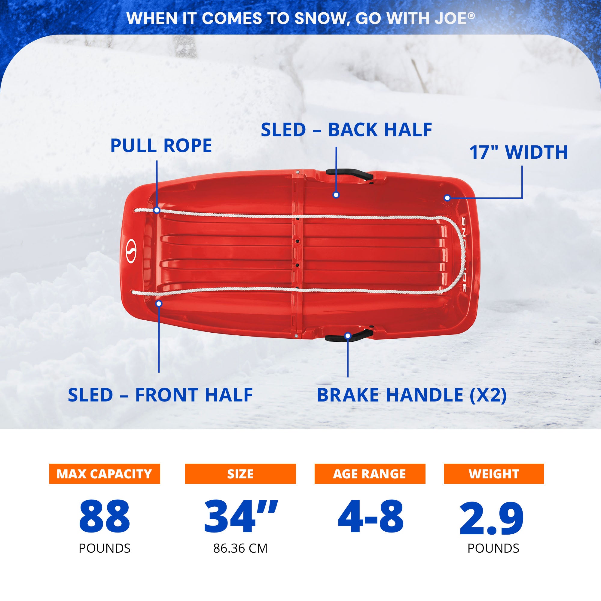 Snow Joe Plastic Snow Sled, 34” Sledding Toboggan Board w/ Handles, SJ-SLD34-RED - VMInnovations