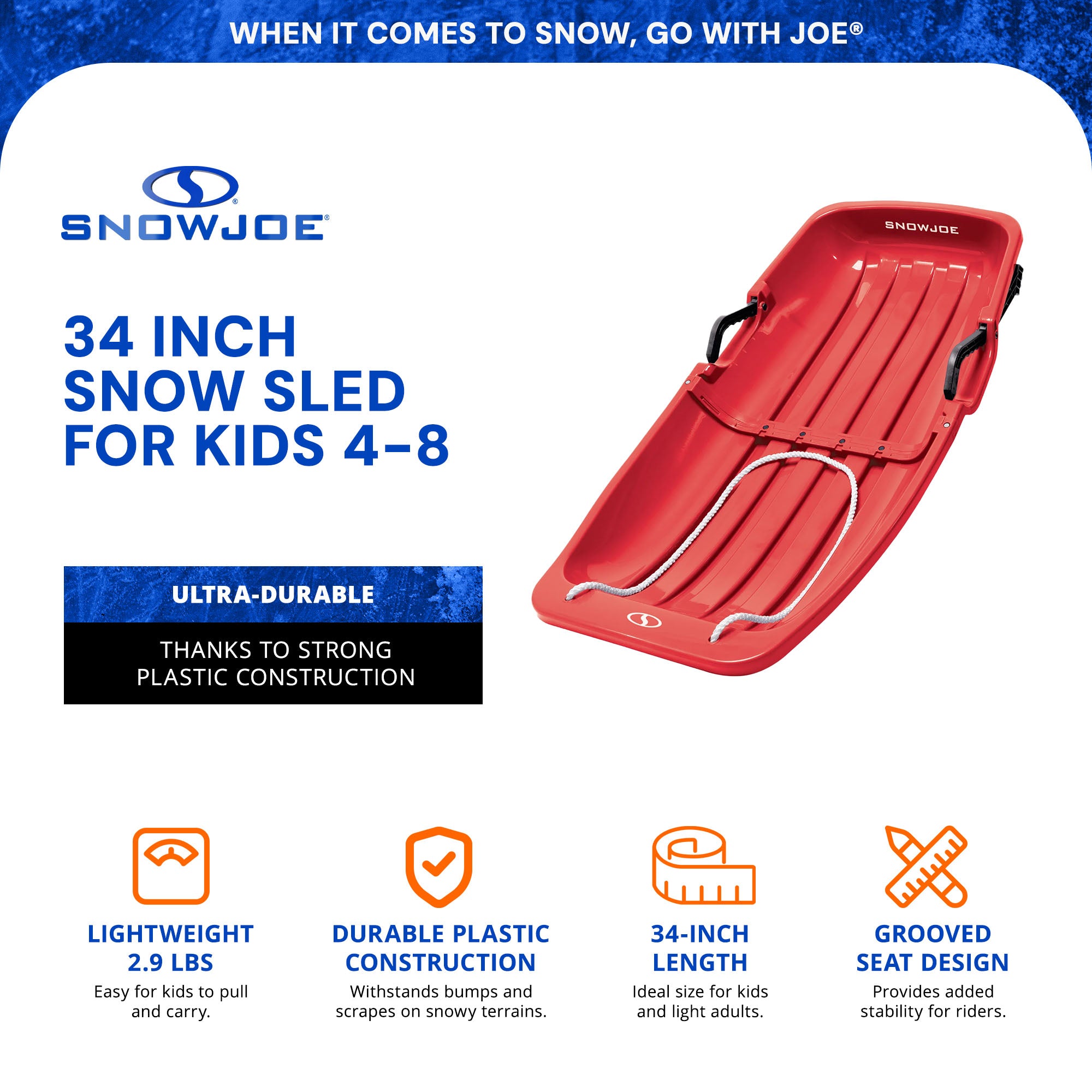 Snow Joe Plastic Snow Sled, 34” Sledding Toboggan Board w/ Handles, SJ-SLD34-RED - VMInnovations