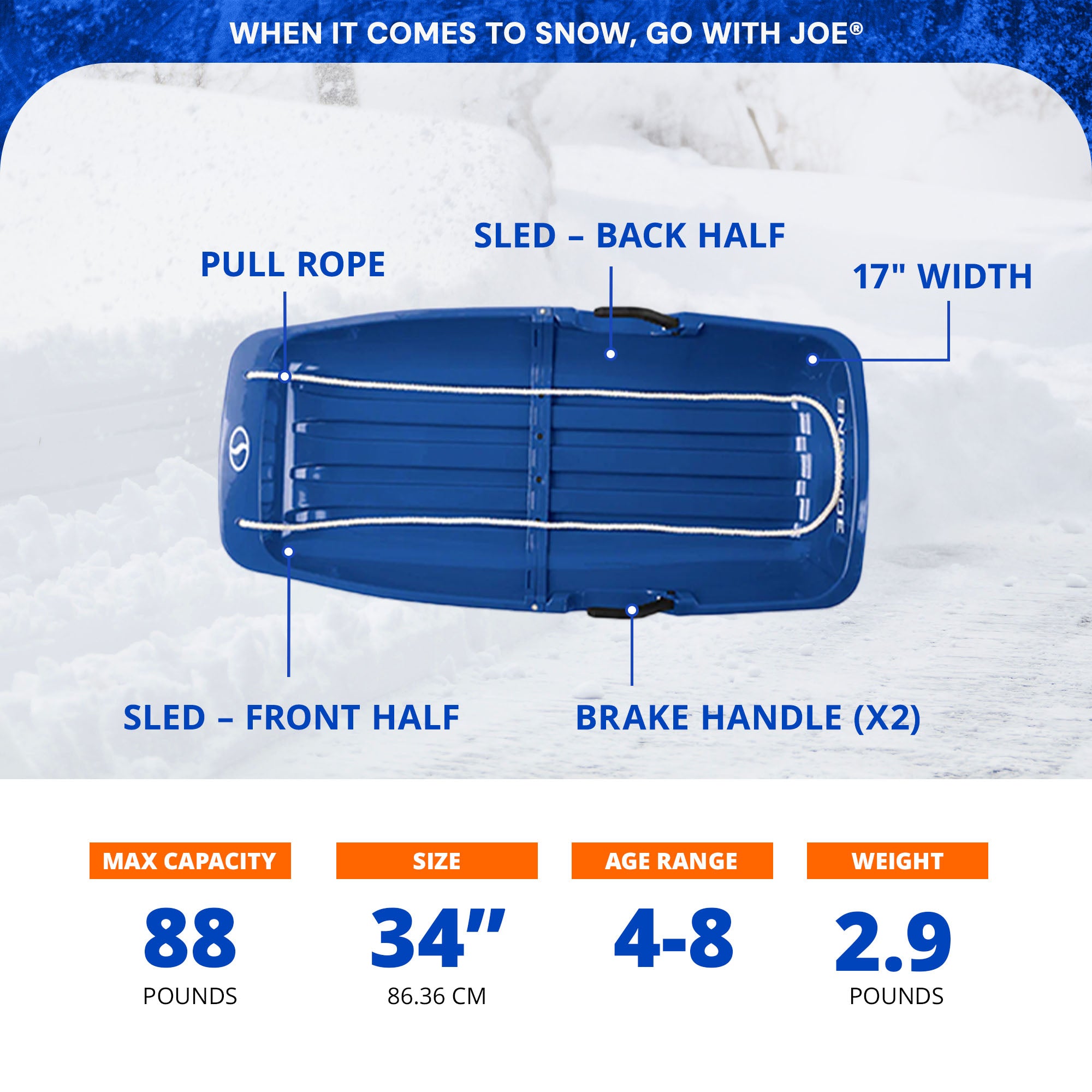 Snow Joe Plastic Snow Sled, 34” Sledding Toboggan Board w/ Handles, SJ-SLD34-SJB - VMInnovations