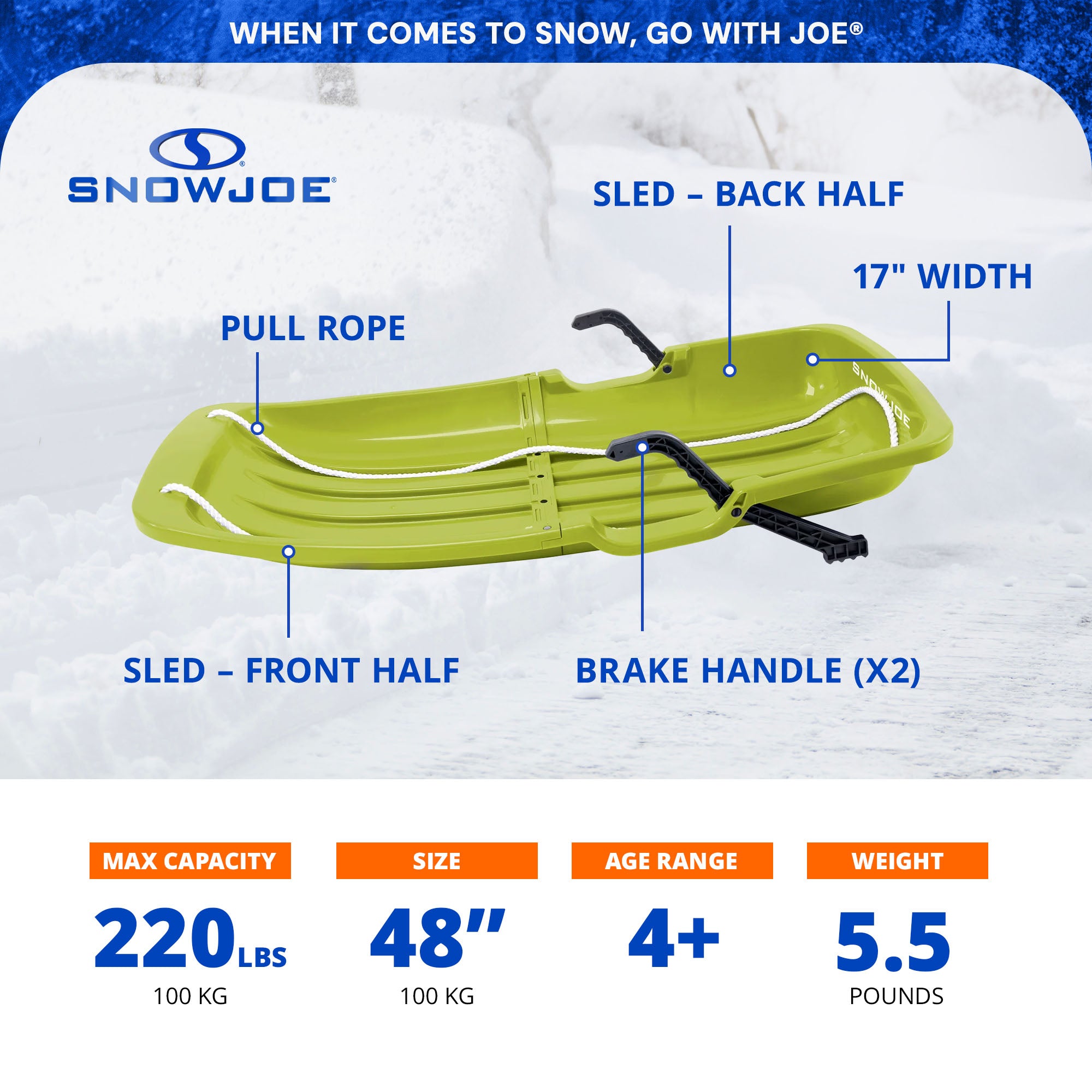 Snow Joe Plastic Snow Sled, 48” Toboggan Board w/ Handles & Rope, Green (Used) - VMInnovations