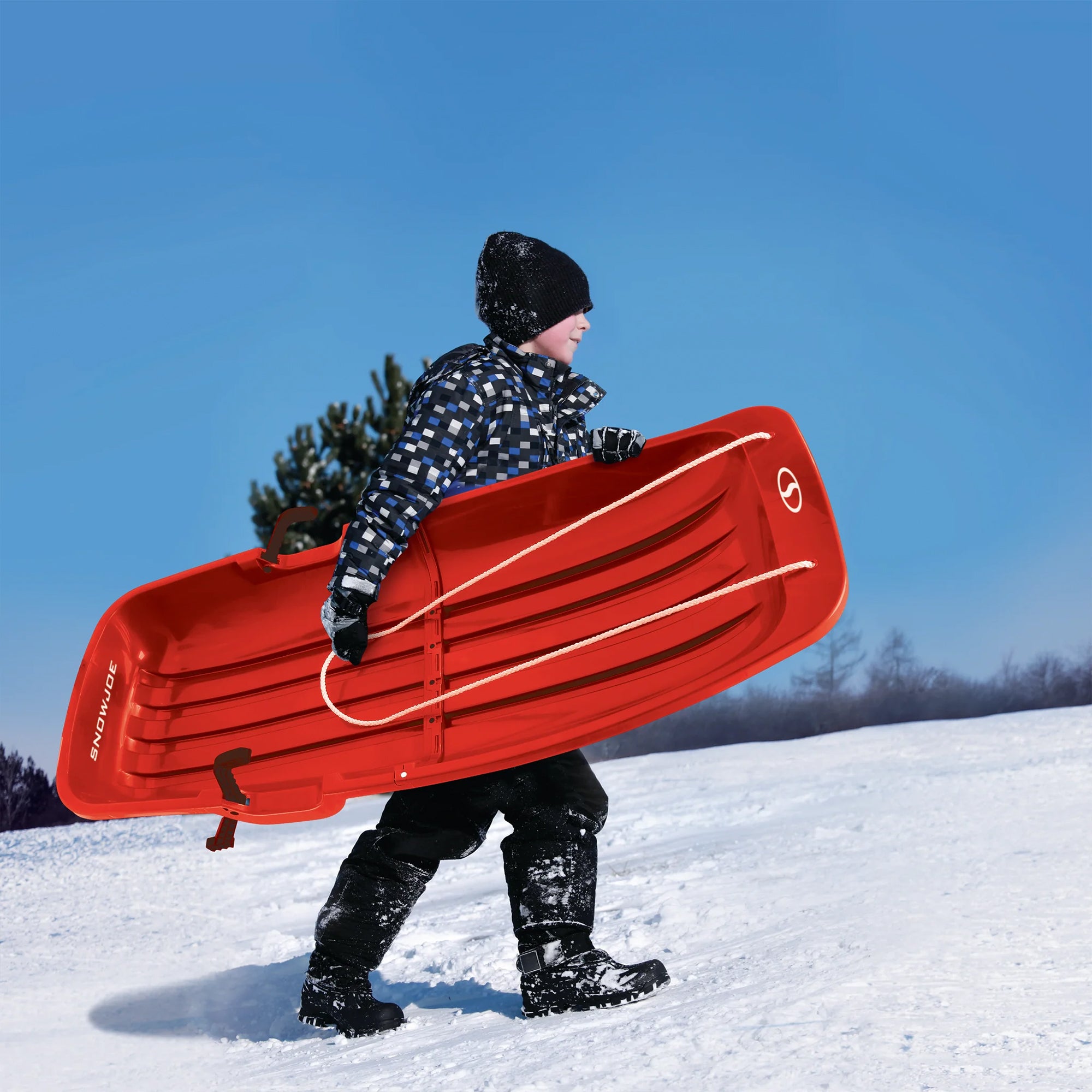 Snow Joe Snow Sled, 48” Sledding Toboggan Board w/Handles & Rope, Red (Open Box) - VMInnovations