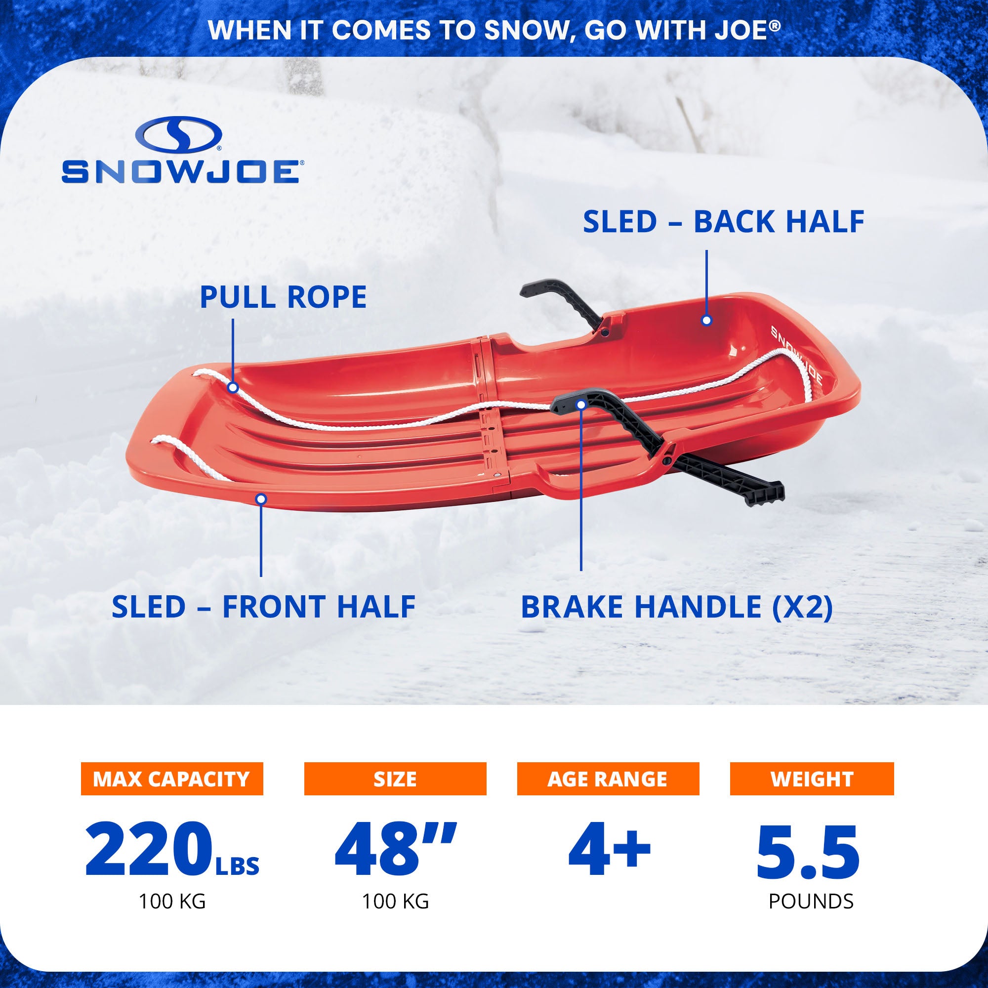 Snow Joe Snow Sled, 48” Sledding Toboggan Board w/Handles & Rope, Red (Open Box) - VMInnovations