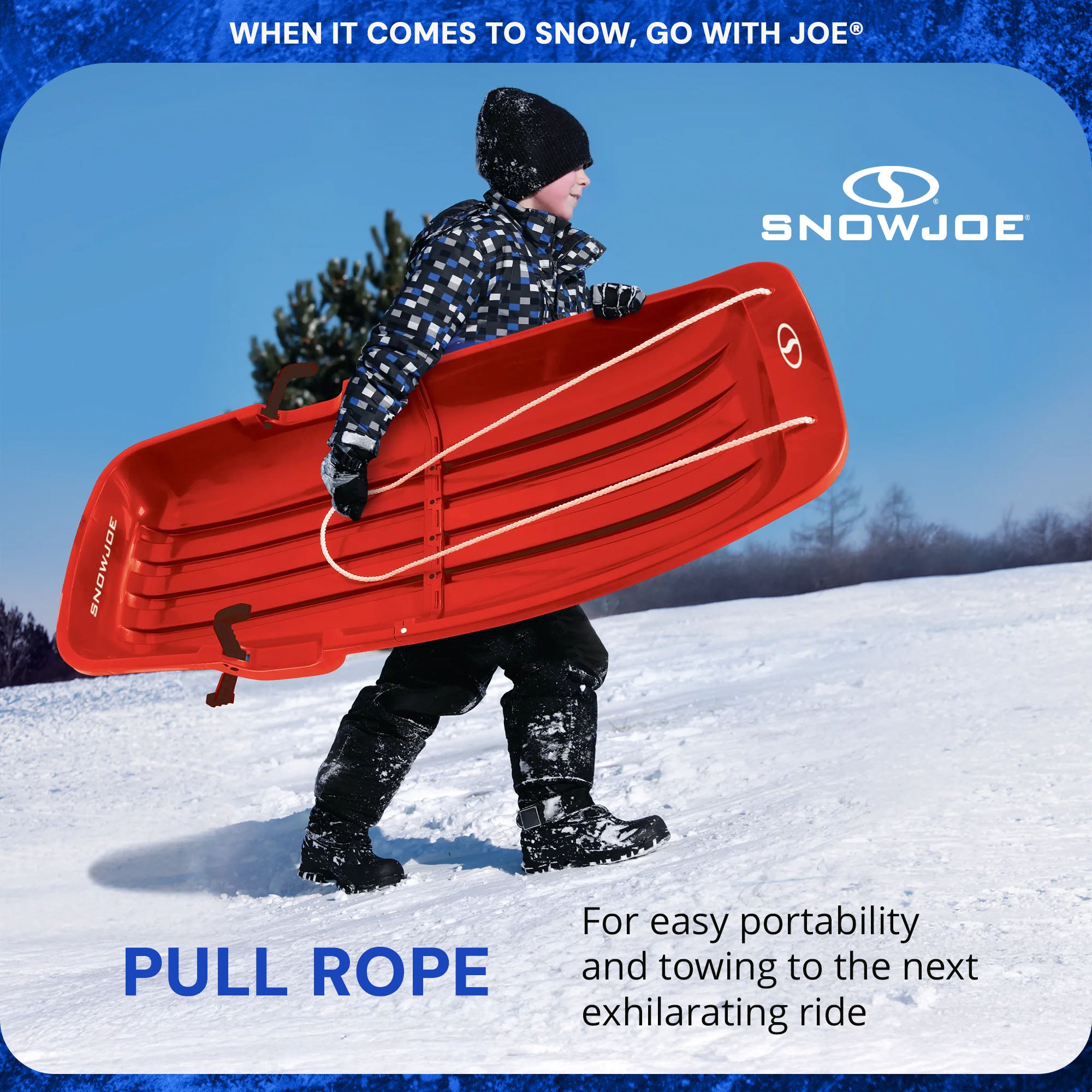 Snow Joe Snow Sled, 48” Sledding Toboggan Board w/Handles & Rope, Red (Open Box) - VMInnovations