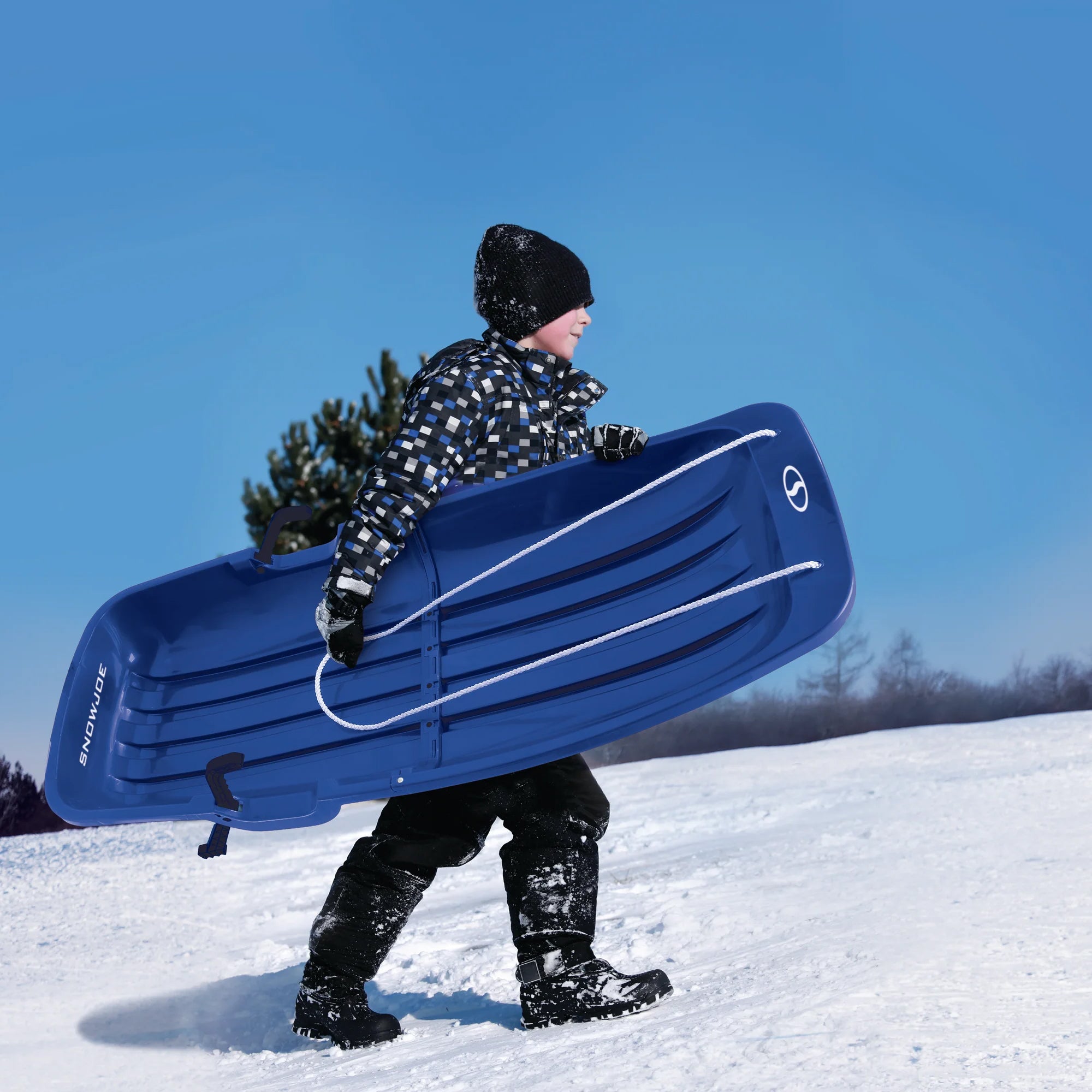 Snow Joe Snow Sled, 48” Sledding Toboggan Board w/Handles & Rope, Blue(Open Box) - VMInnovations