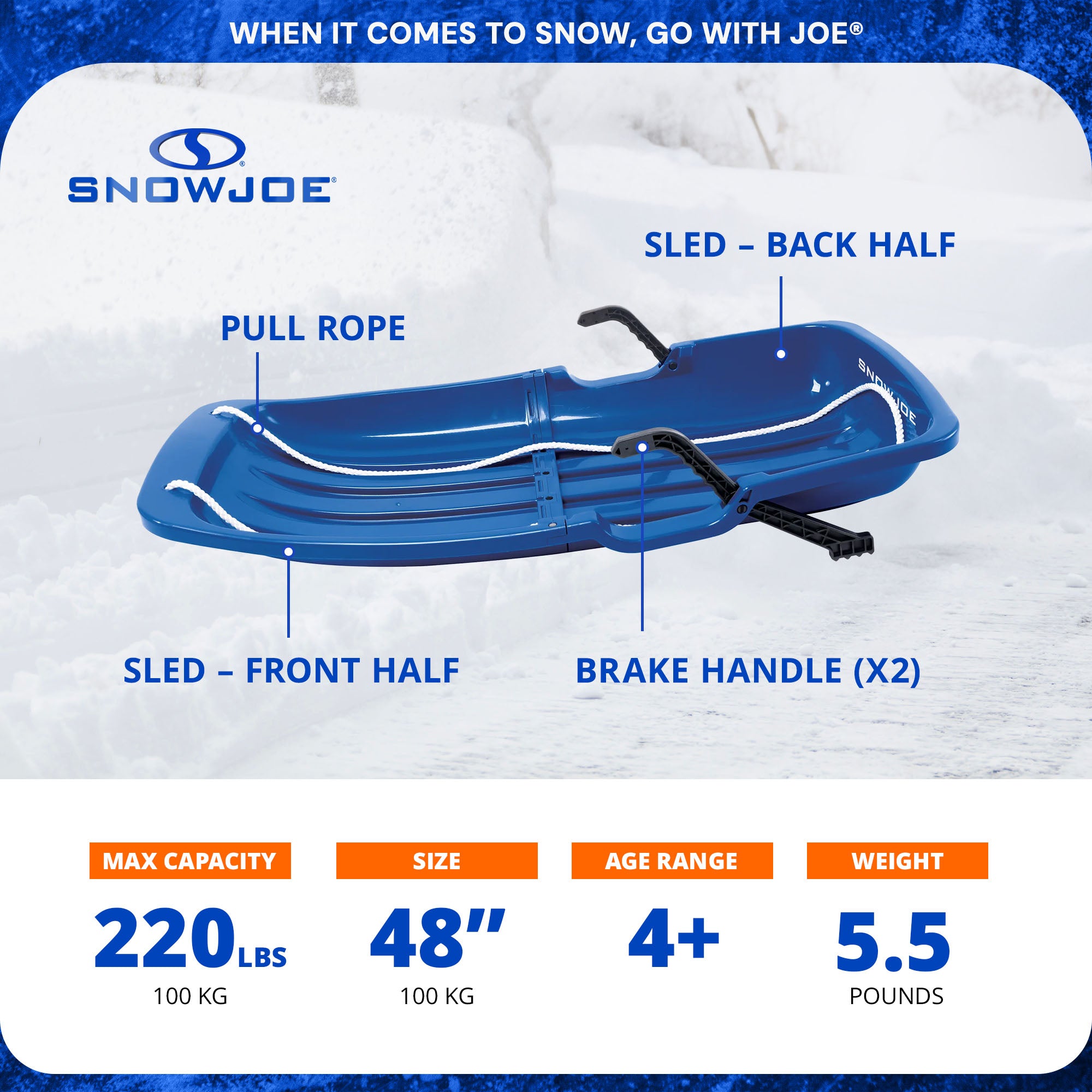Snow Joe Snow Sled, 48” Sledding Toboggan Board w/Handles & Rope, Blue(Open Box) - VMInnovations