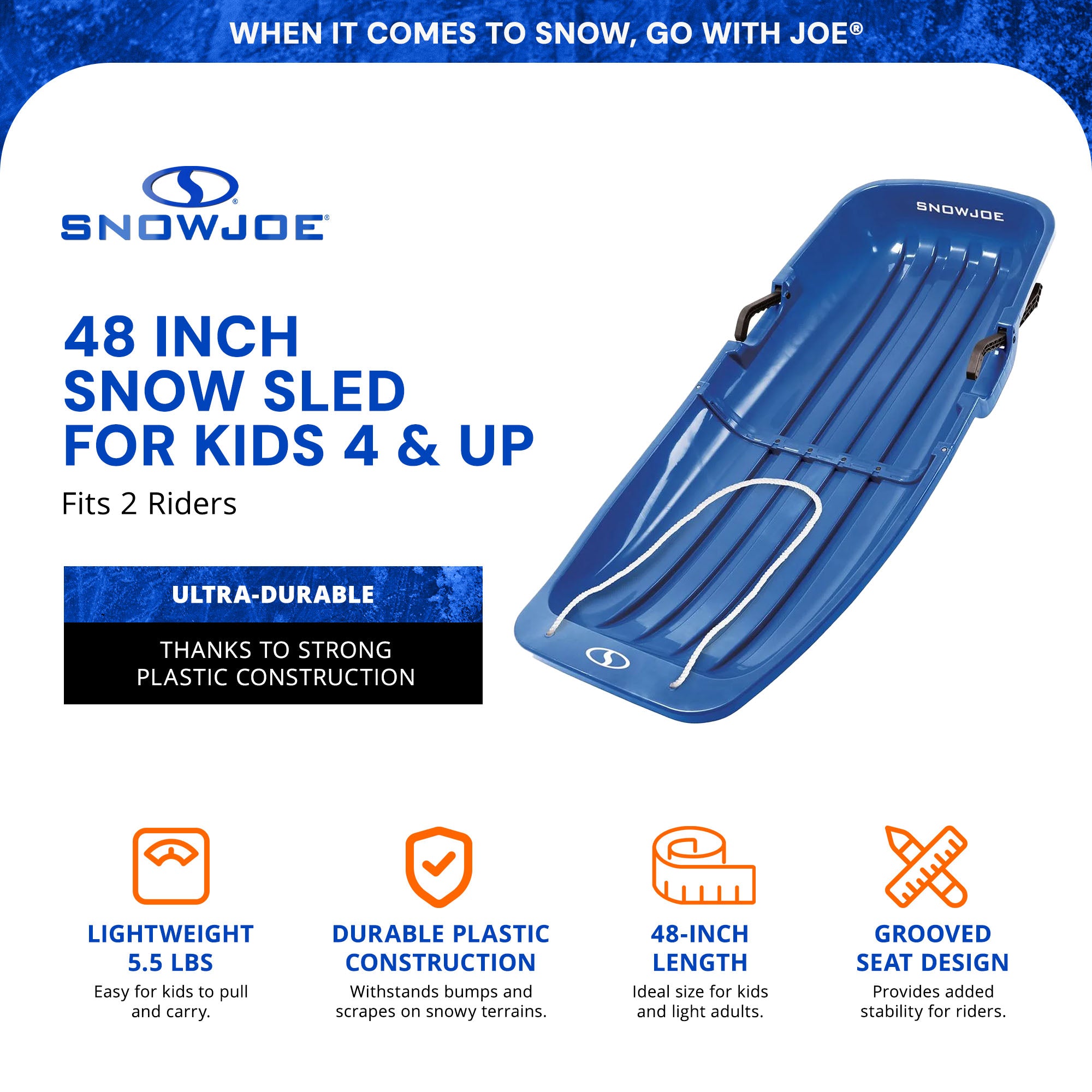 Snow Joe Snow Sled, 48” Sledding Toboggan Board w/Handles & Rope, Blue(Open Box) - VMInnovations